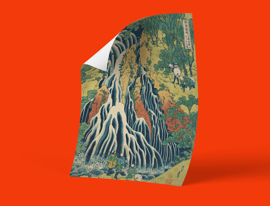 Hokusai blue waterfall landscape print featuring dramatic vertical composition with travellers, high-quality Japanese art reproduction for home decor