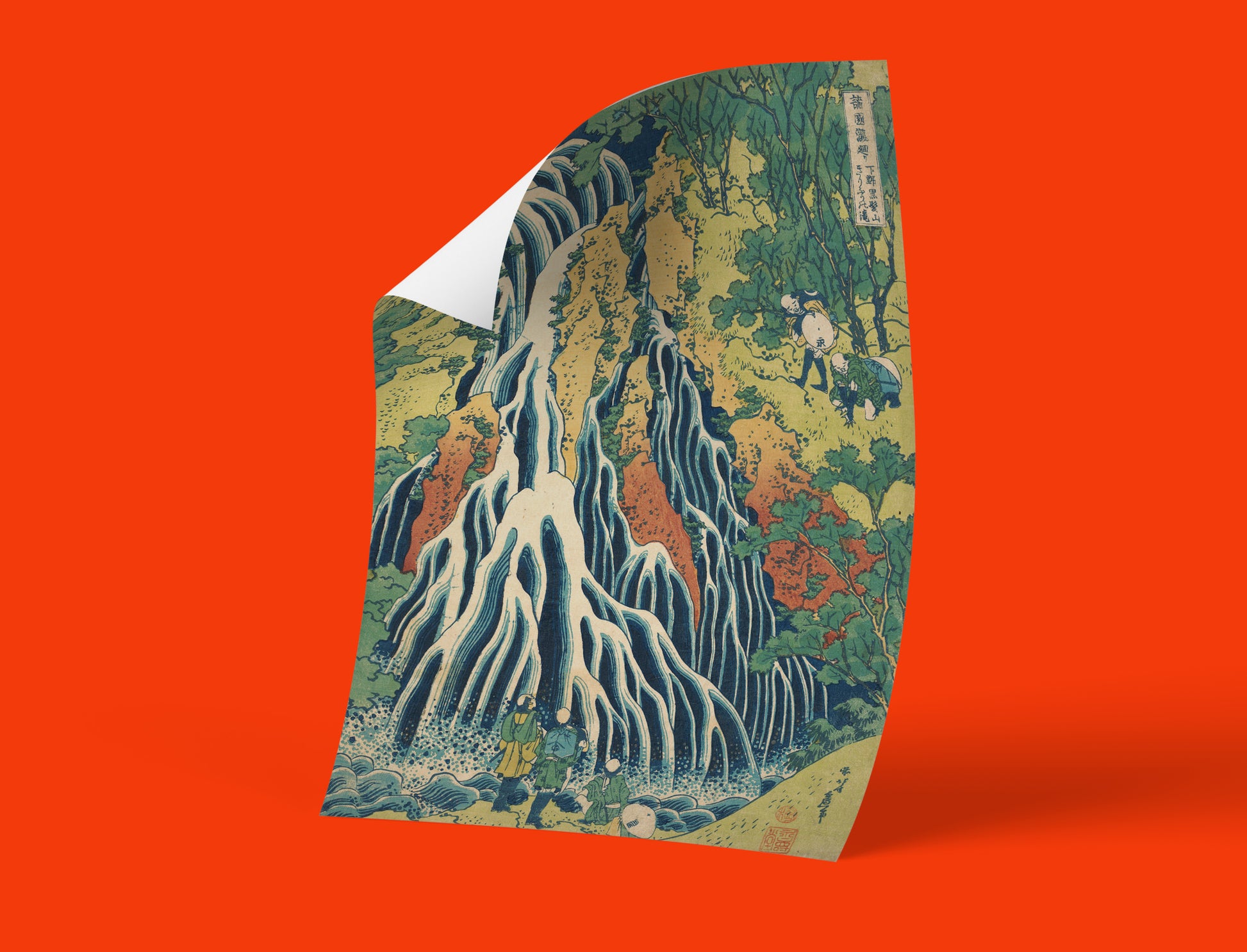 Hokusai blue waterfall landscape print featuring dramatic vertical composition with travellers, high-quality Japanese art reproduction for home decor