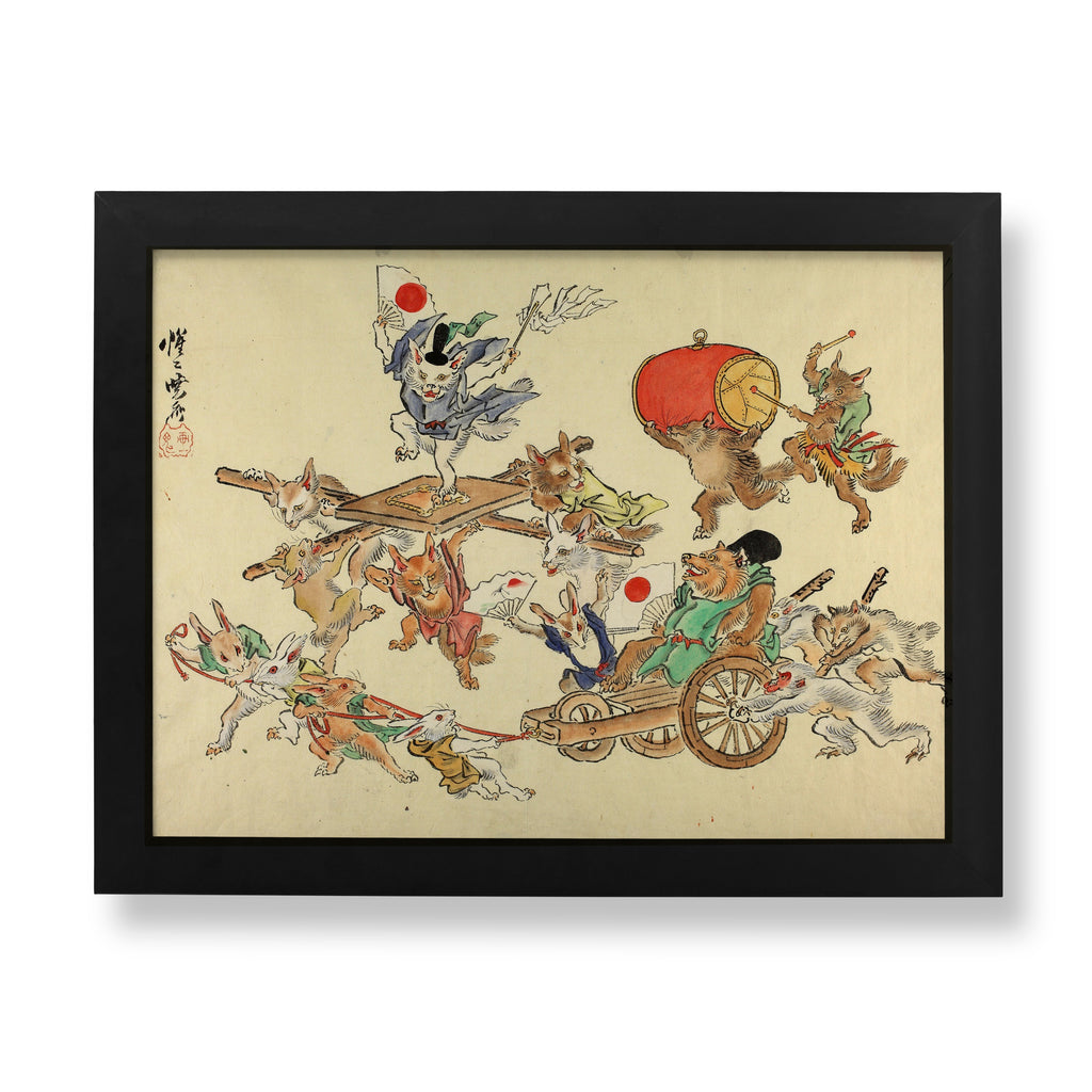 Kawanabe Kyōsai fine art print of animals travestying a festival procession, Japanese satirical woodblock-style art