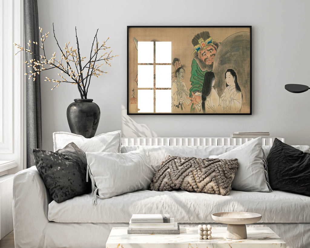Living room with a white sofa, decorative pillows, and a framed traditional Japanese artwork on the wall.