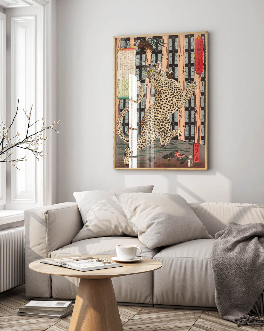 Framed Japanese leopard fine art print by Kyosai hanging as statement wall art in modern interior, vintage Asian animal artwork in gallery-style frame perfect for home decor and collector spaces