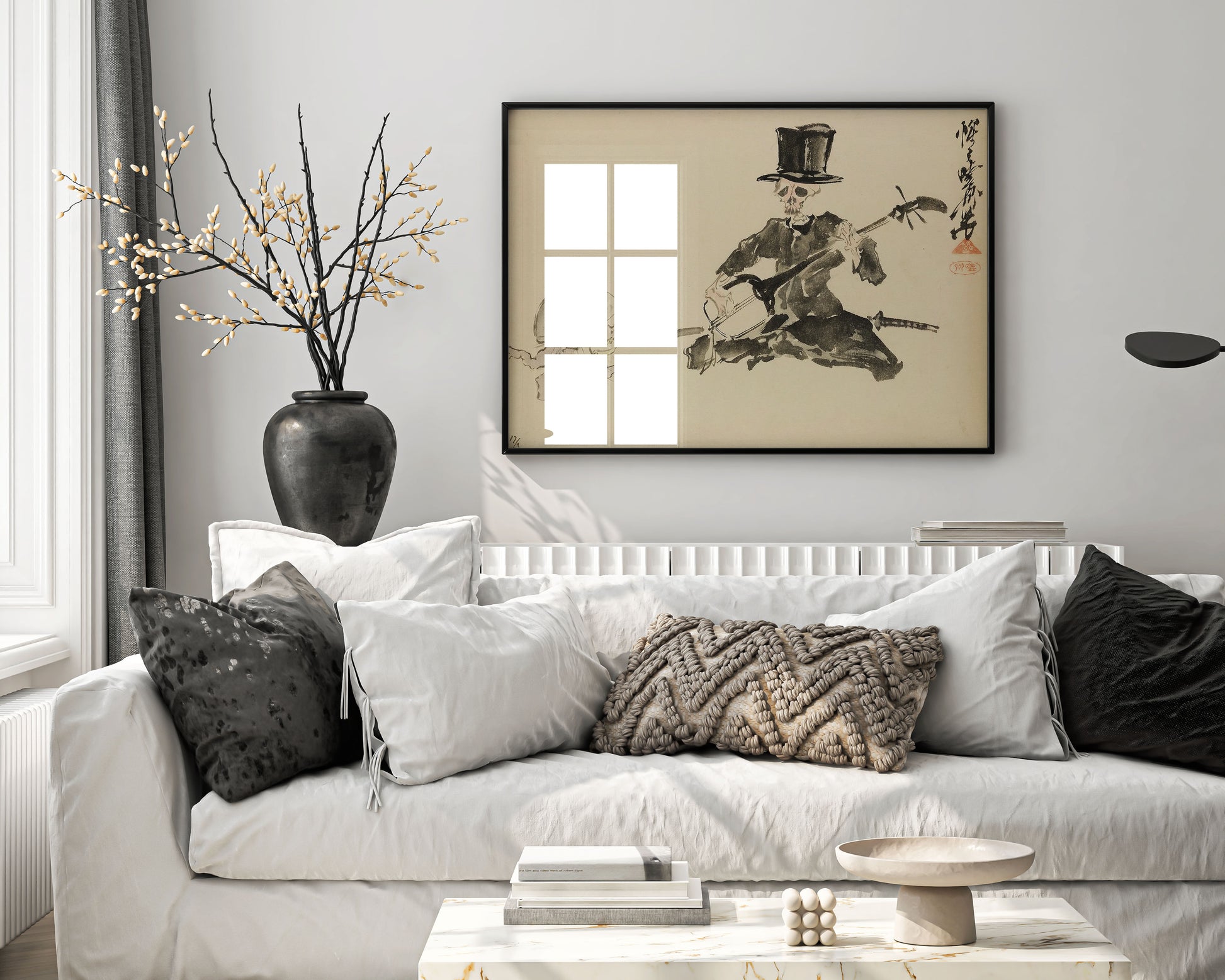 Japanese skeleton musician art print by Kawanabe Kyosai in premium frame, traditional ink painting wall art featuring shamisen player in top hat, ideal for art collectors and interior design