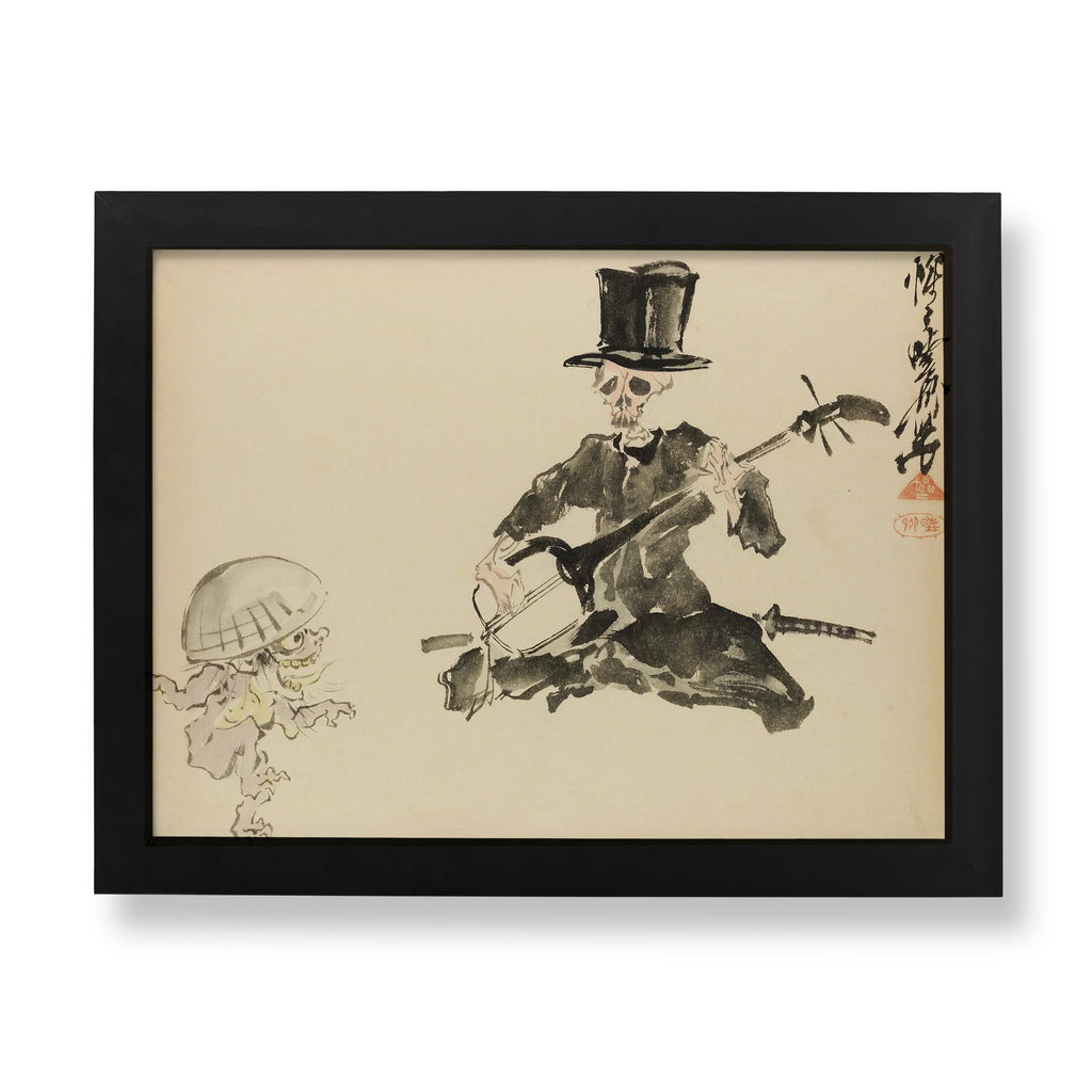 Kawanabe Kyosai Skeleton Shamisen Player in Top Hat Japanese art print featuring ink painting of skeletal musician with yokai spirit, available as museum-quality wall art