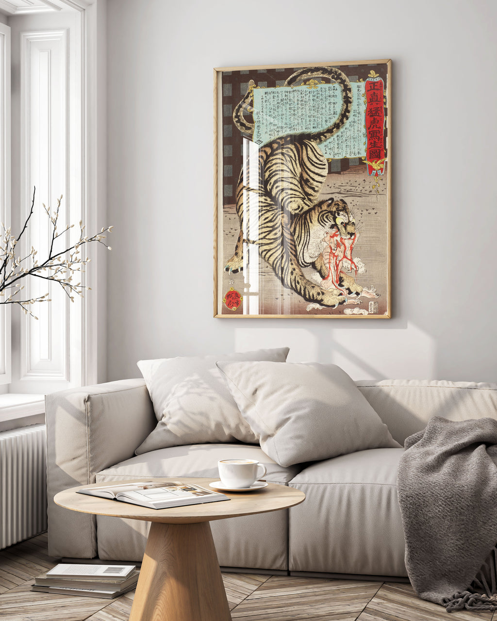 Framed Japanese tiger fine art print by Kyosai hanging as statement wall art in modern interior, vintage Asian artwork in gallery-style frame perfect for home decor
