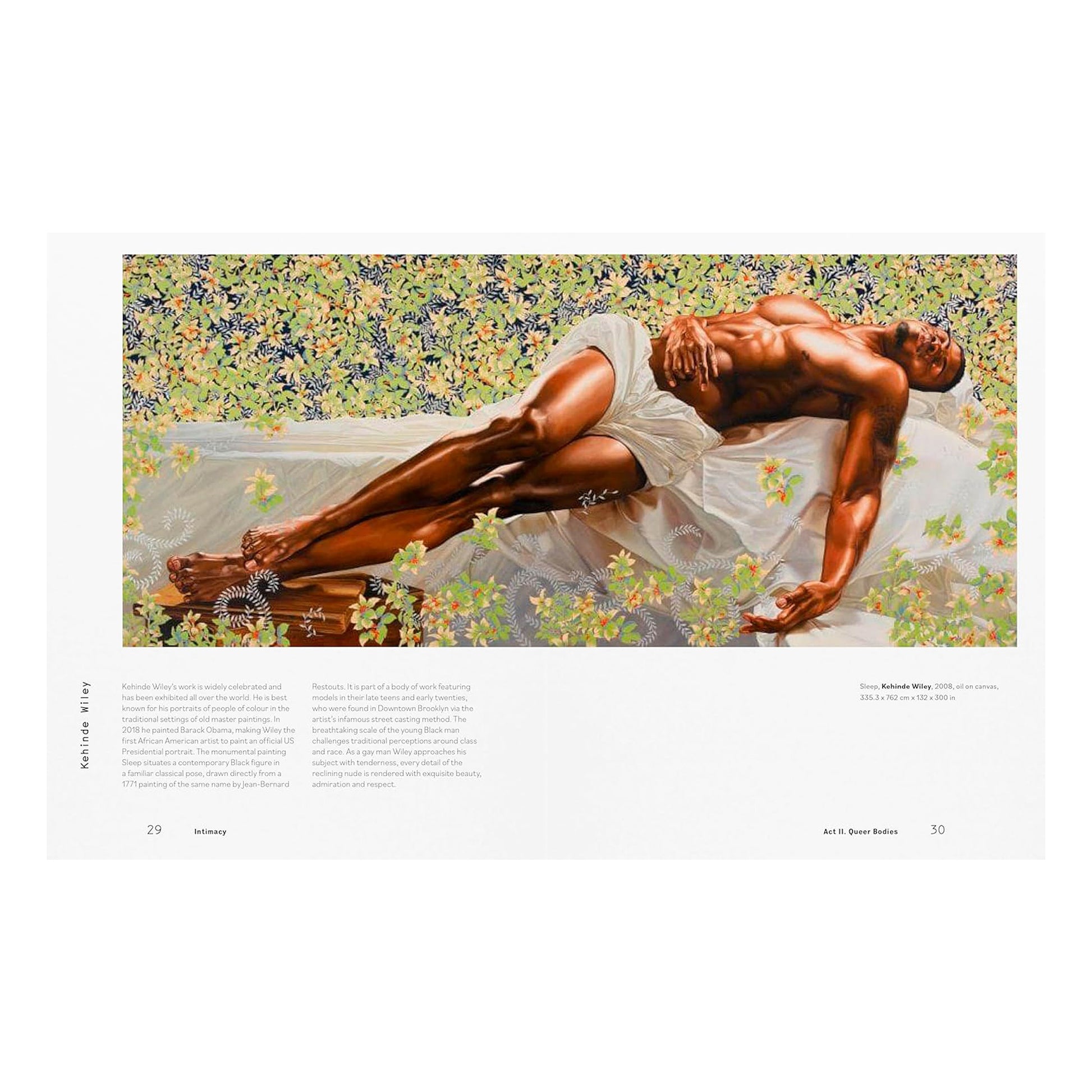 A stunning full-page image of Kehinde Wiley's painting Sleep from the Taschen art book, depicting a reclining figure against a floral backdrop, a masterpiece of contemporary painting.