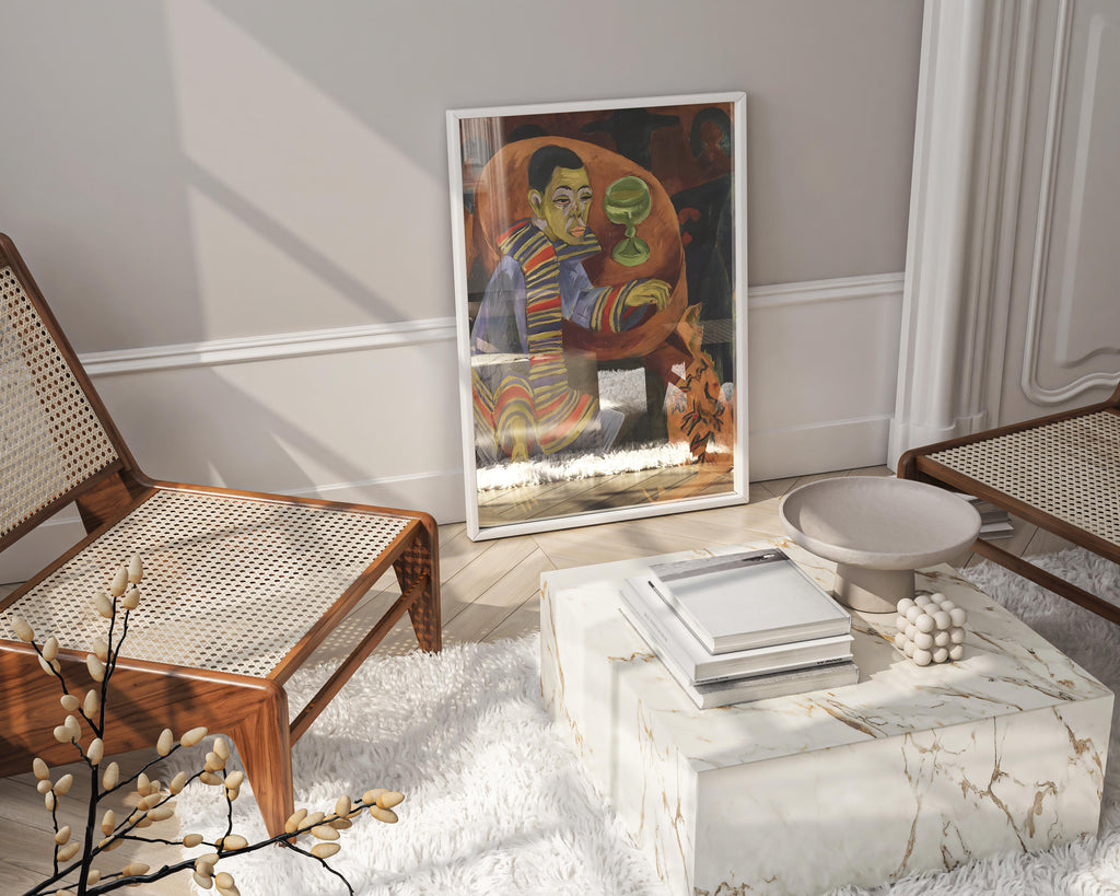 Framed Ernst Ludwig Kirchner "The Drinker" fine art print showcased as luxury wall art in a contemporary, high-end interior design space.