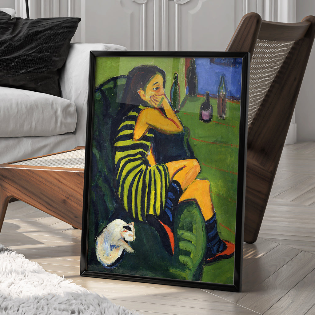 Ernst Ludwig Kirchner Artistin 1910 museum quality fine art print from Brücke Museum Berlin, expressionist wall art featuring circus performer with cat, premium art poster for gallery walls