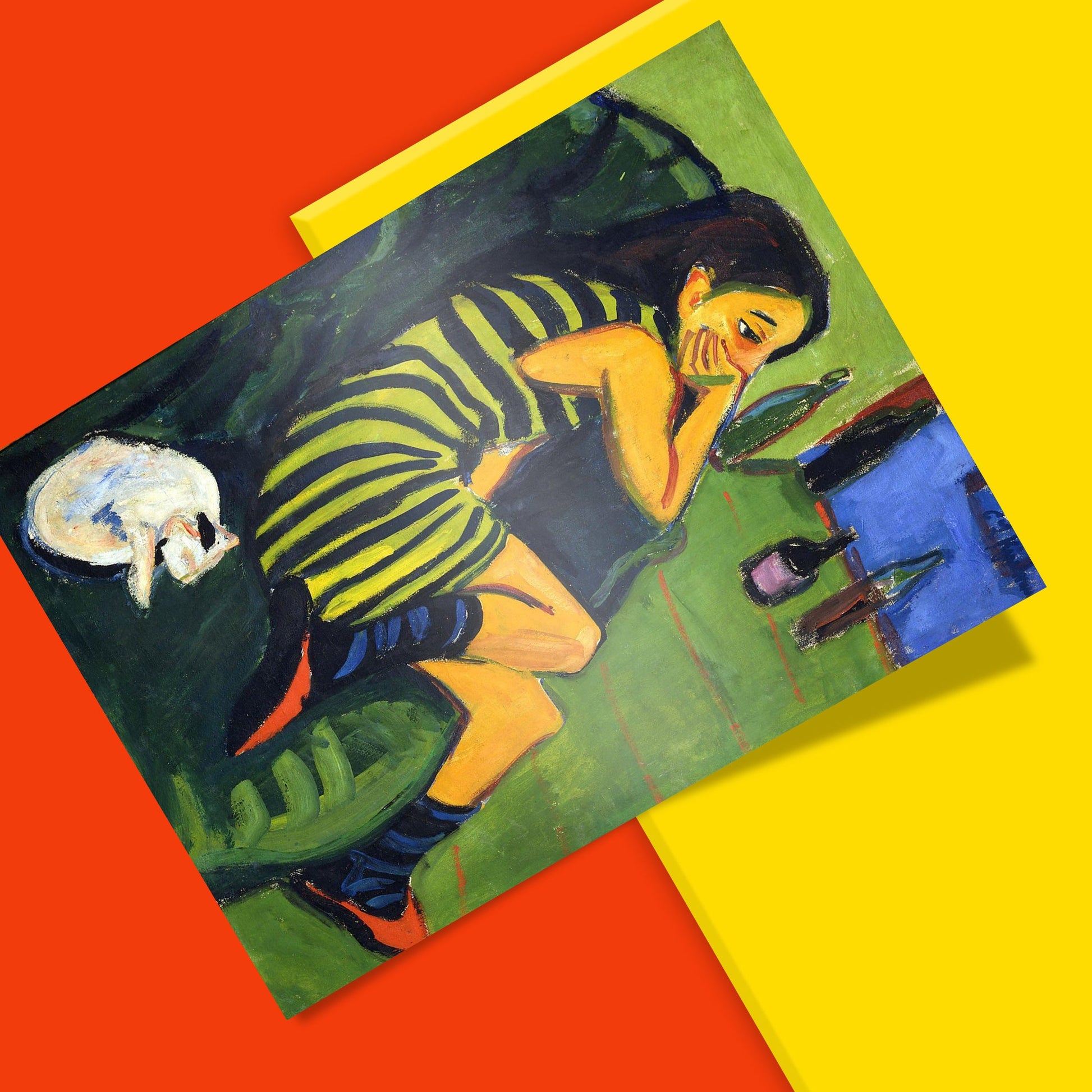 Die Brücke artist Ernst Ludwig Kirchner Artistin wall art print, bold expressionist style with acidic colour palette, museum quality art prints for contemporary home decor