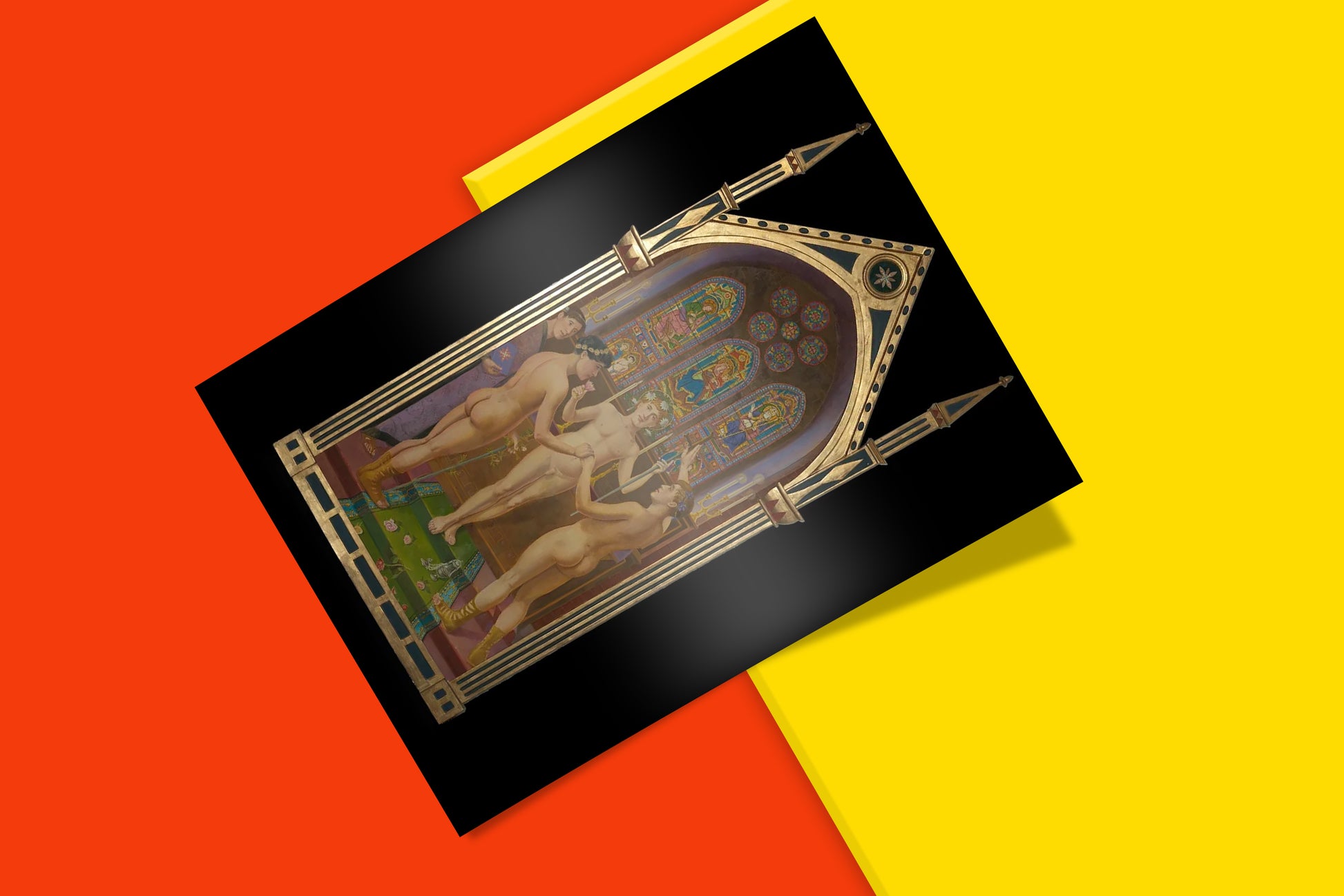 A fine art print of 'The New Union,' an Art Nouveau painting by Elisarion, showing the intricate details of the figures, ornate frame, and stained-glass windows.