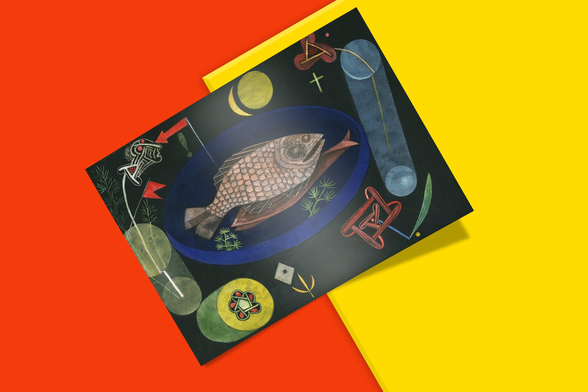 Paul Klee Bauhaus masterpiece Around the Fish 1926 vintage art print with symbolic motifs and geometric shapes, sophisticated wall decor for modern living spaces