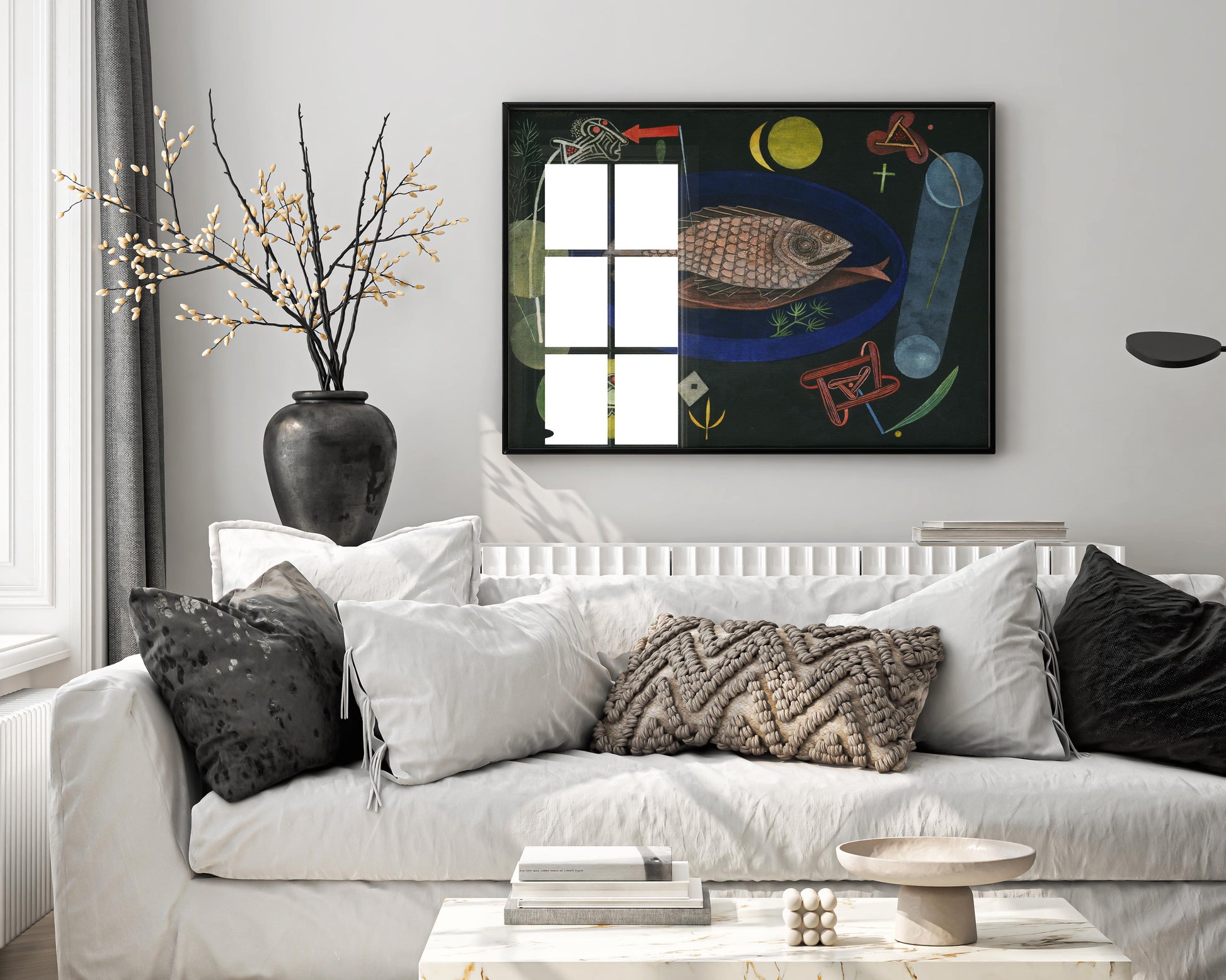 Around the Fish by Paul Klee framed wall art showing detailed fish and celestial symbols, premium framed print perfect for living room or dining room wall decor