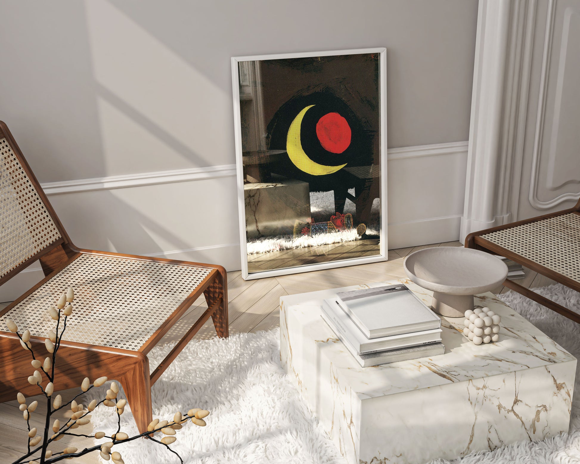Framed Paul Klee Strong Dream art print with yellow moon and red disc, premium framed wall art for living room, modernist fine art poster in gallery frame