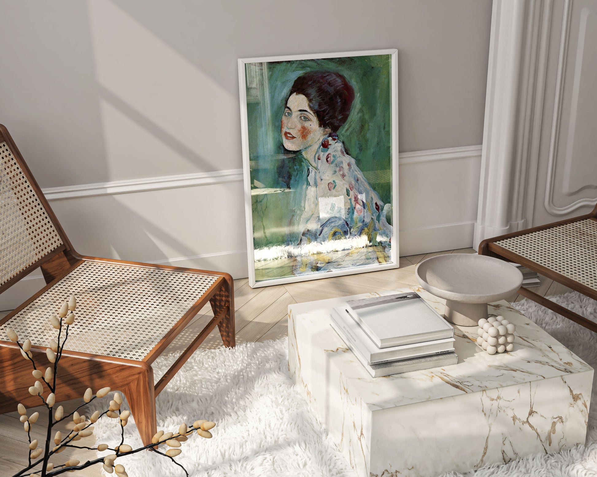 High-quality, framed art print of Gustav Klimt's famous portrait, ready to be displayed in a home or office as a stunning piece of decor.