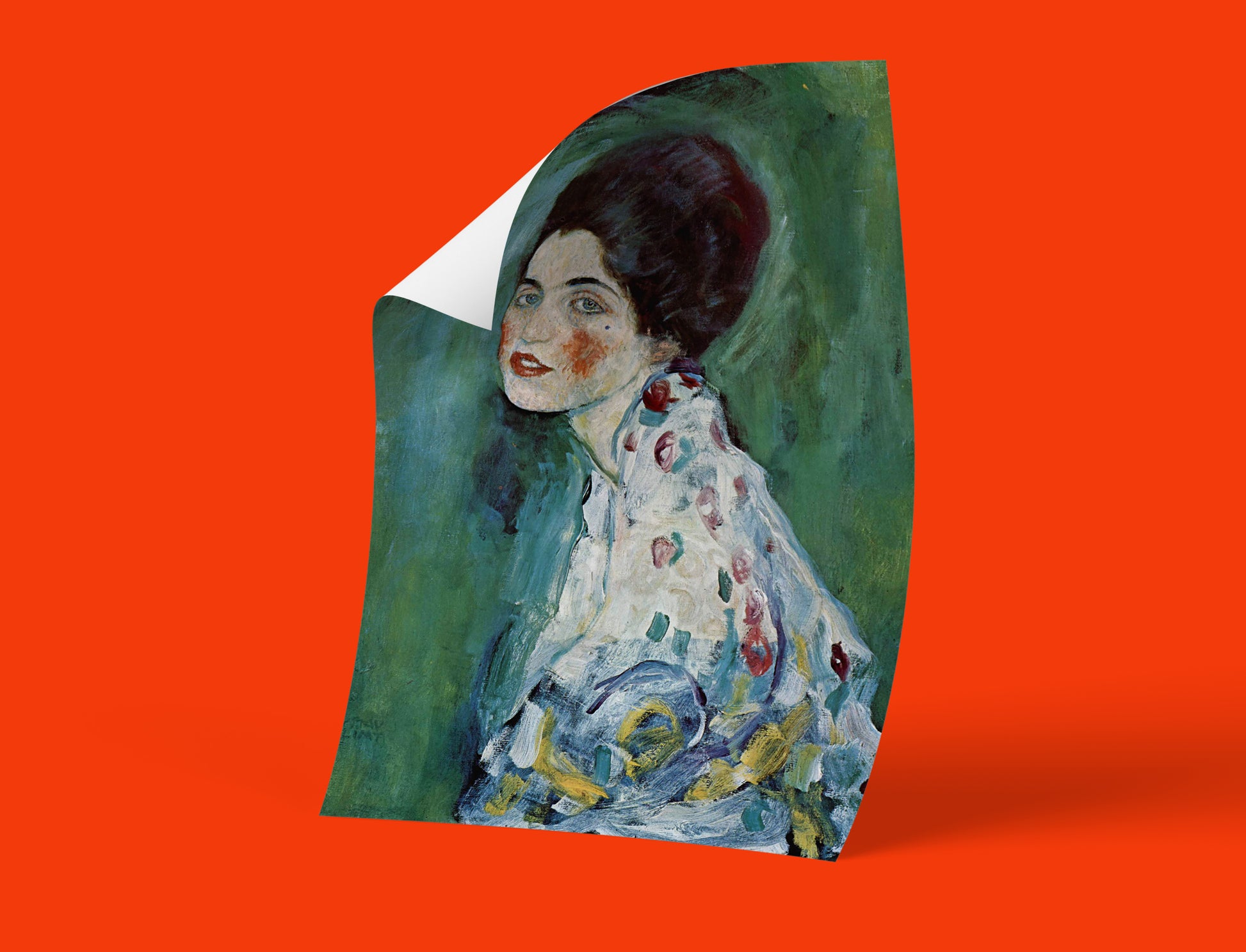 Reproduction of Gustav Klimt's unique portrait featuring a woman with a compelling gaze and painterly brushstrokes.