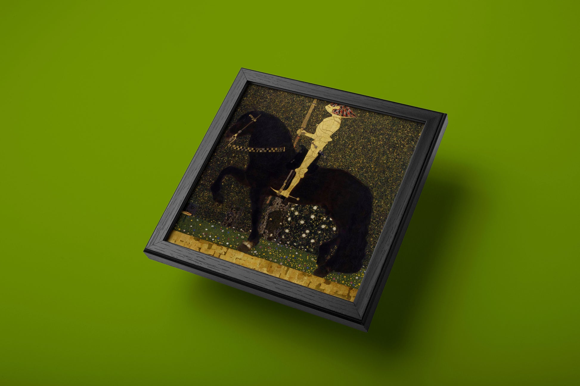 High-quality wall art featuring Gustav Klimt's 'Golden Knight' on a black horse, printed using giclée fine art technology. The smooth matte finish and sharp details make this a stunning addition to any art lover's collection.