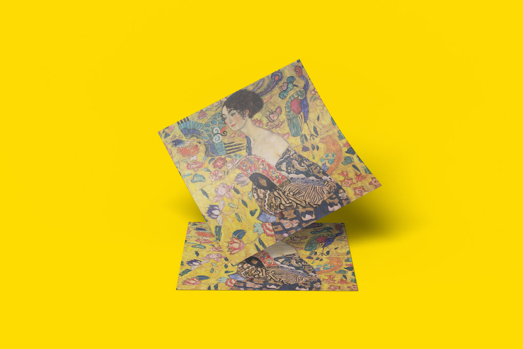 "Lady with Fan" Klimt artwork reproduction, a high-quality giclée print for modern home decor, featuring a 12-colour printing process.