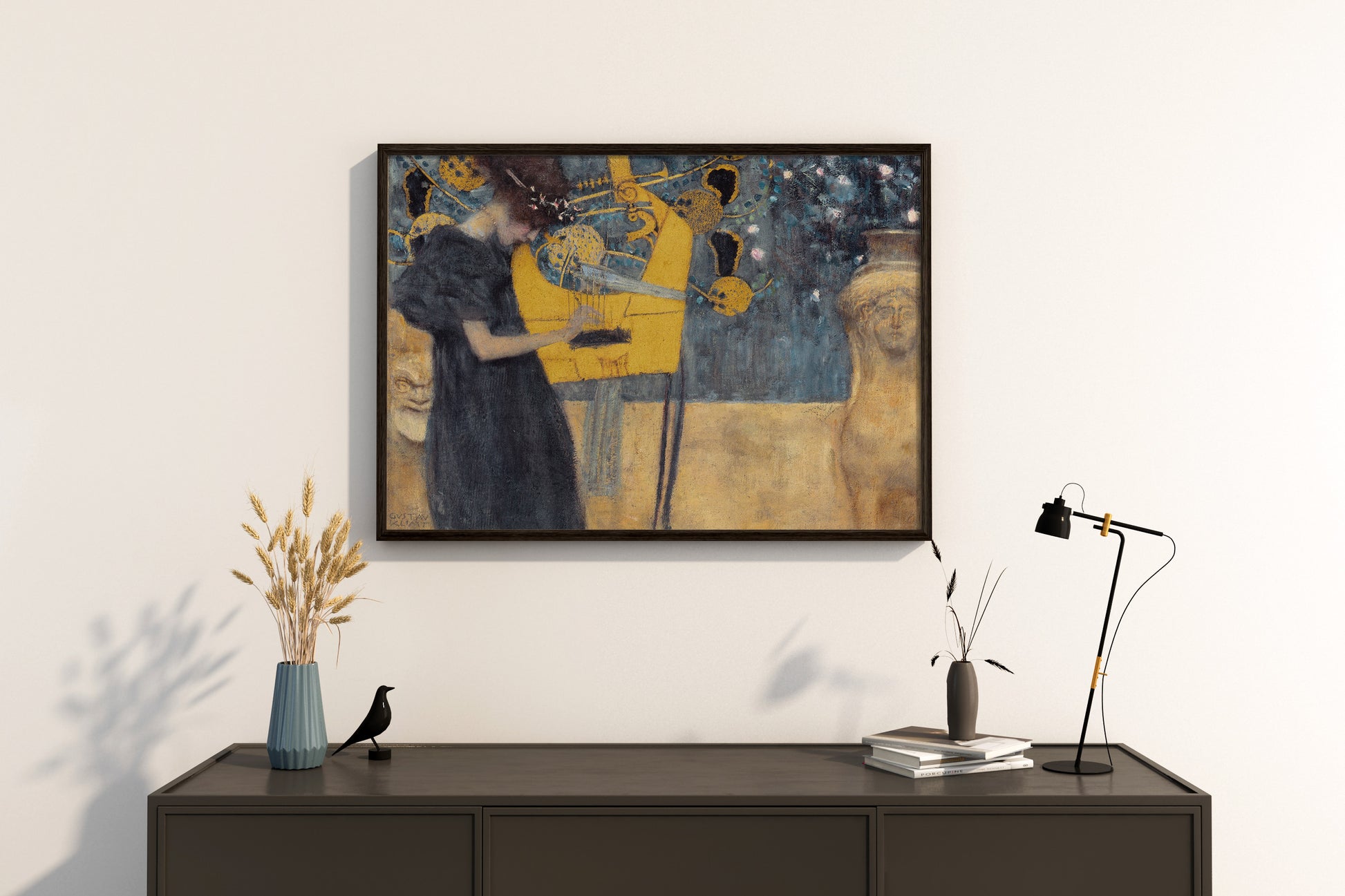 Gustav Klimt's "Music" art print in a black frame, hung above a modern sideboard with decorative vases, creating a stylish living room decor.