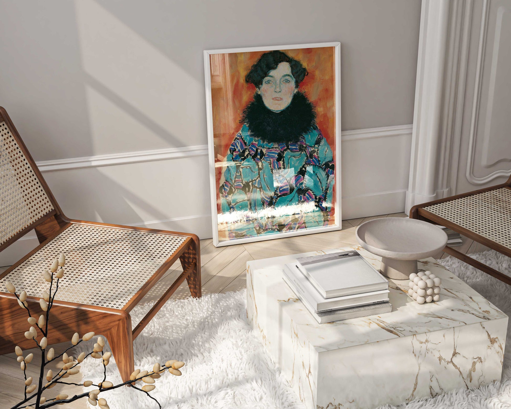 Close-up of a framed Gustav Klimt Johanna Staude portrait, showcasing the detailed giclée print quality and its suitability as a focal point in art-inspired homes.