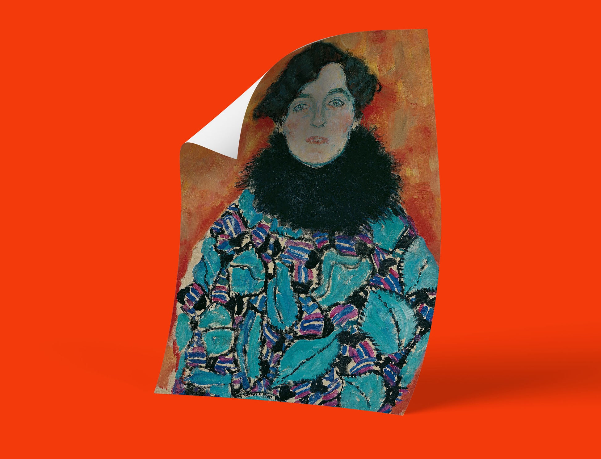 Museum-quality giclée print of Klimt's Johanna Staude, featuring vibrant blues, an orange background, and a unique patterned dress, ideal for art collectors.
