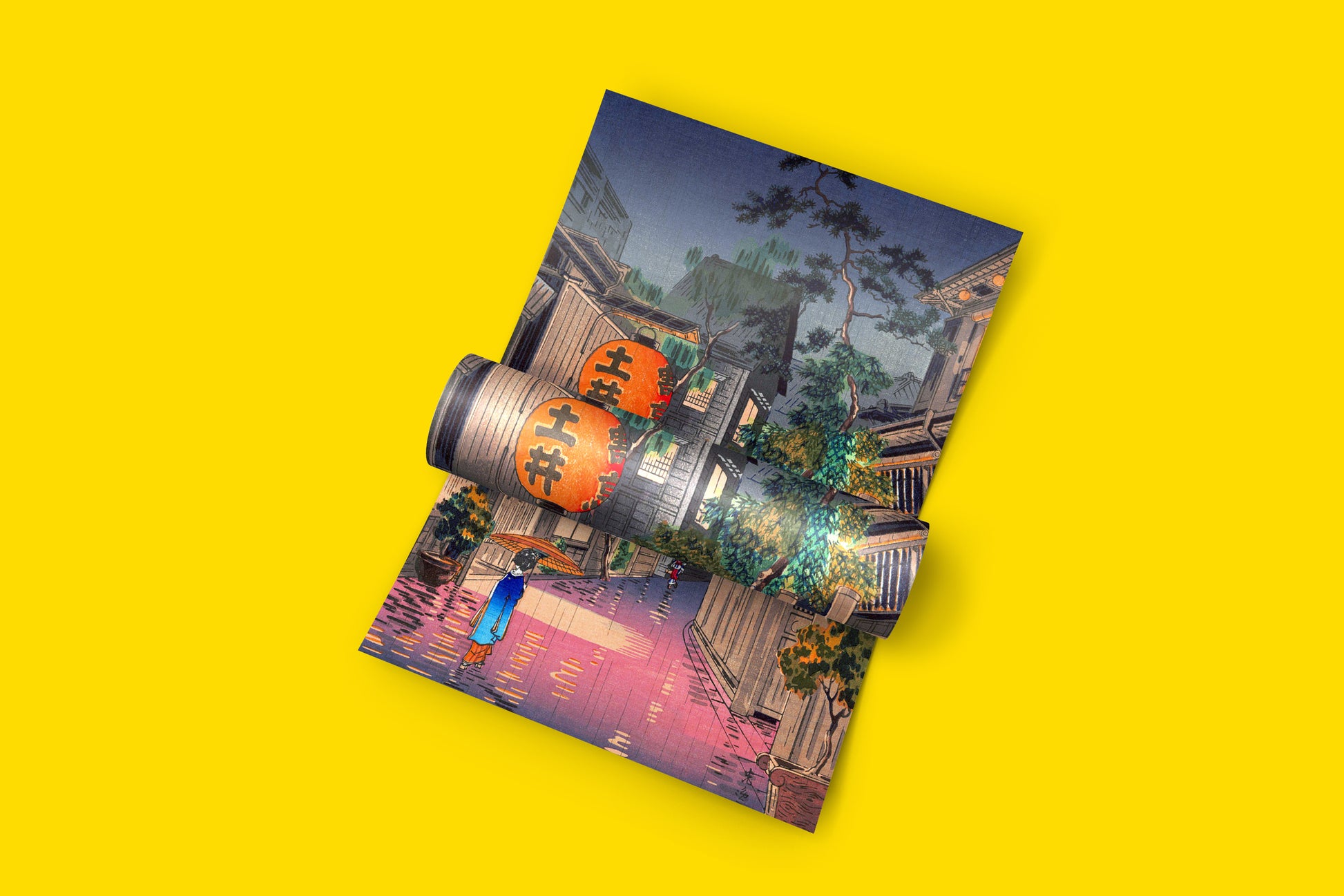 Vintage Japanese art print by Koitsu Tsuchiya, a vivid giclée reproduction featuring a person under an umbrella on a lantern-lit street, great for art lovers and collectors.