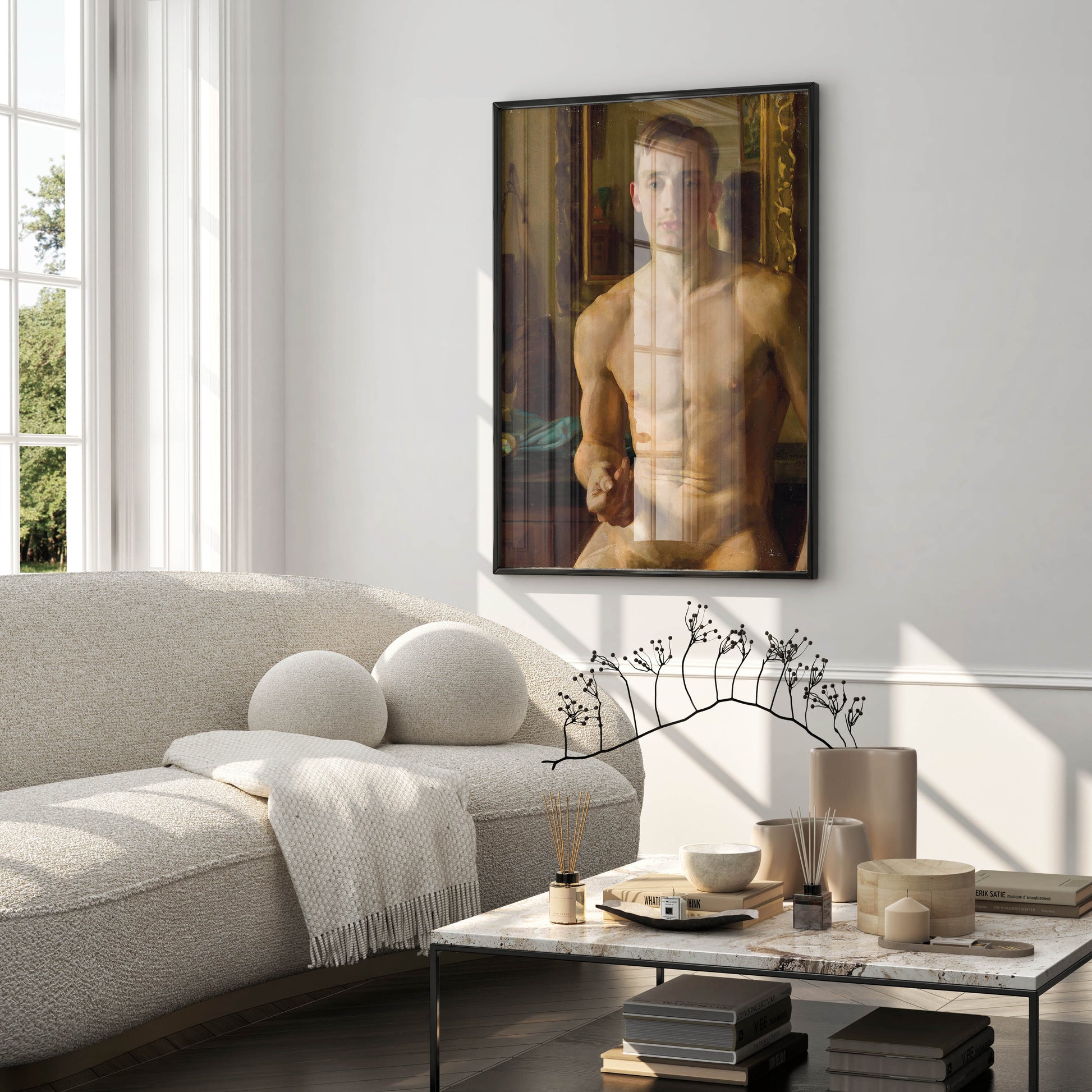 A large framed print of Konstantin Somov's "The Boxer" hanging above a console table in a minimalist luxury living room, showcasing the artwork as a focal point.