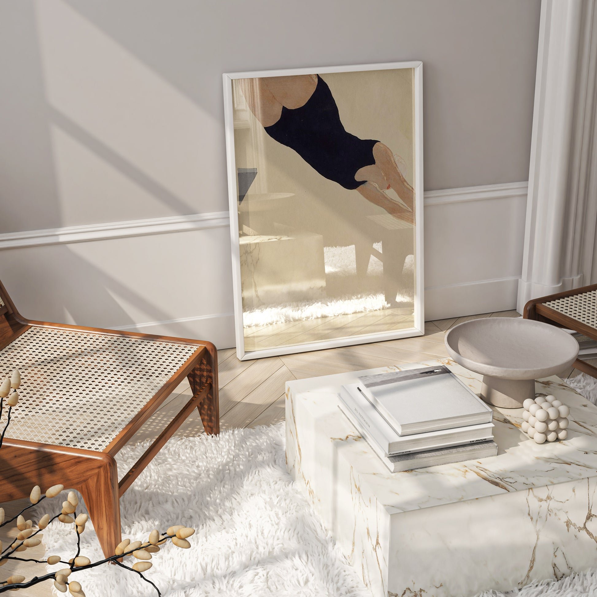 Giclée fine art print of Kōshirō Onchi's Diving — high-resolution 350 dpi reproduction on 200 gsm FSC-certified paper, available framed for contemporary wall décor