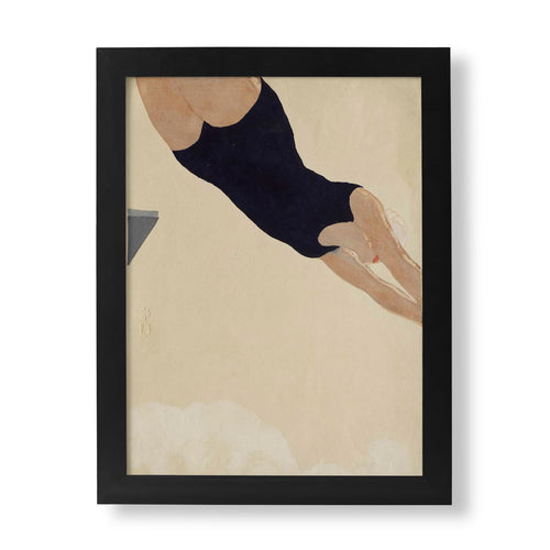 Kōshirō Onchi Diving Print — original Japanese woodblock wall art print of a female diver in a black swimsuit, sōsaku-hanga movement, 1930s