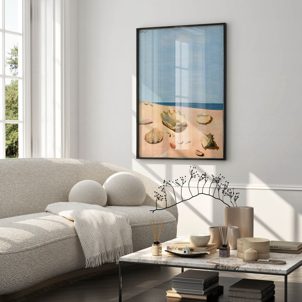 Framed wall art reproduction of Kotaro Migishi's iconic yōga-style beach painting featuring lifeless shells on sun-drenched sand under a clear blue sky