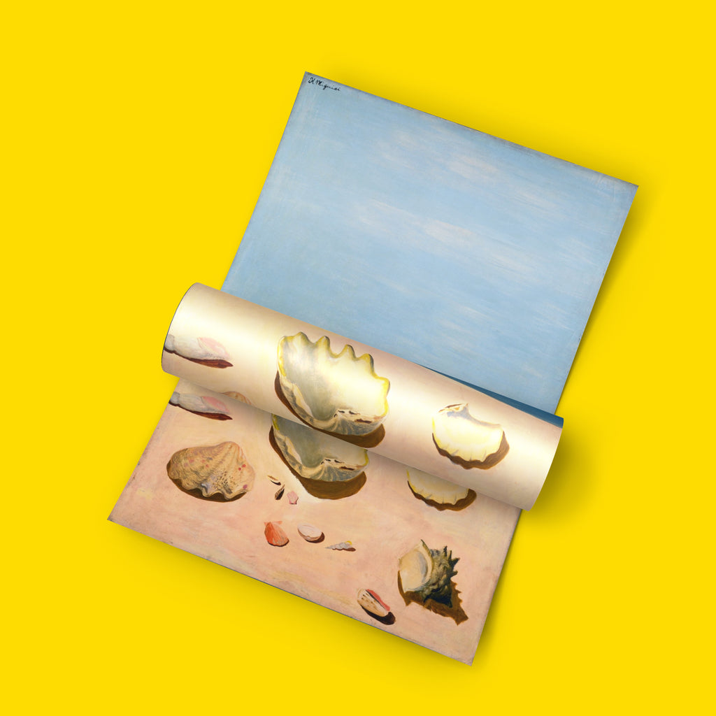 Japanese modernist oil painting art print by Kotaro Migishi showing giant clamshells cast in dramatic sunlight on a vast, desolate beach