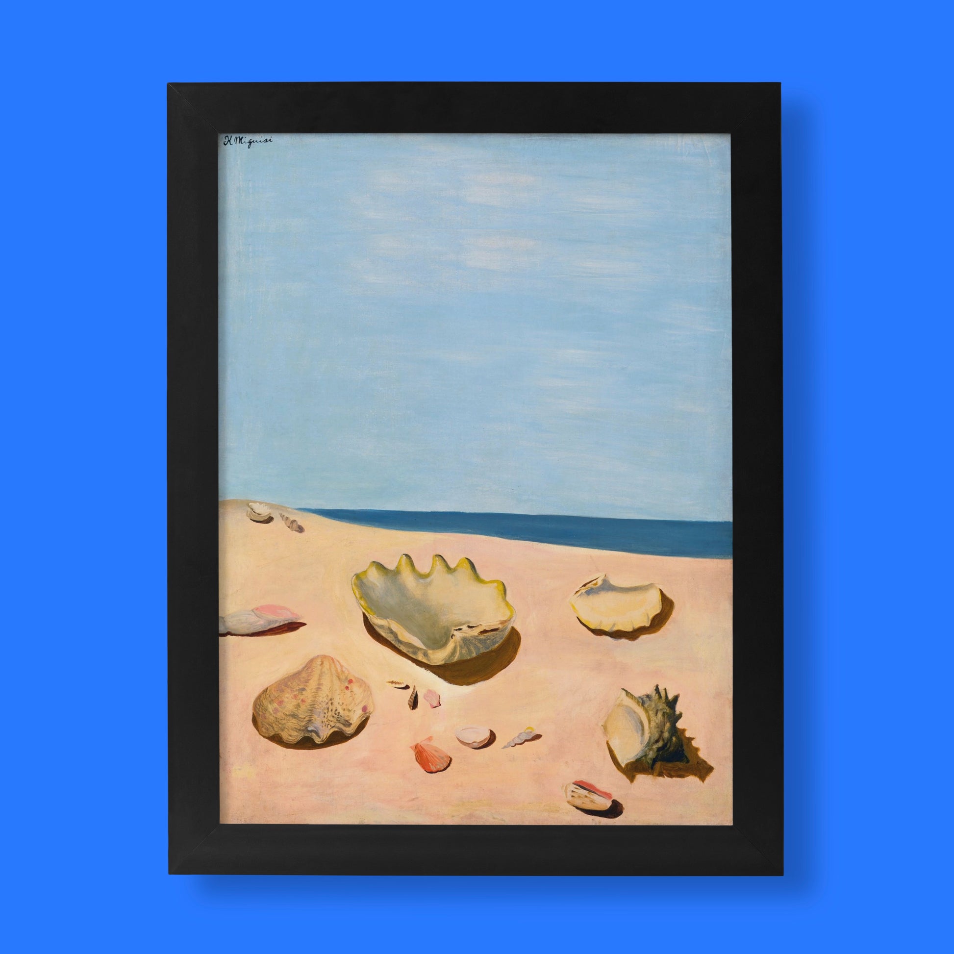 Kotaro Migishi The Sea and Sunshine fine art print featuring shells on a sunlit beach with a deep blue ocean and clear sky