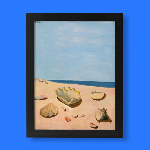 Kotaro Migishi The Sea and Sunshine fine art print featuring shells on a sunlit beach with a deep blue ocean and clear sky