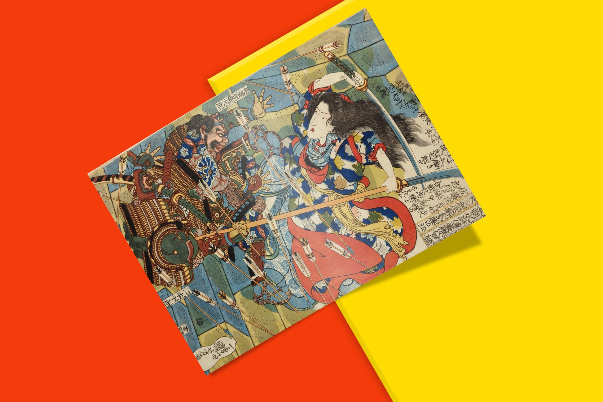 Edo period Japanese art print by Utagawa Kuniyoshi featuring Fujinoe from Eight Hundred Heroes series, dramatic battle scene with flying arrows and traditional armour details