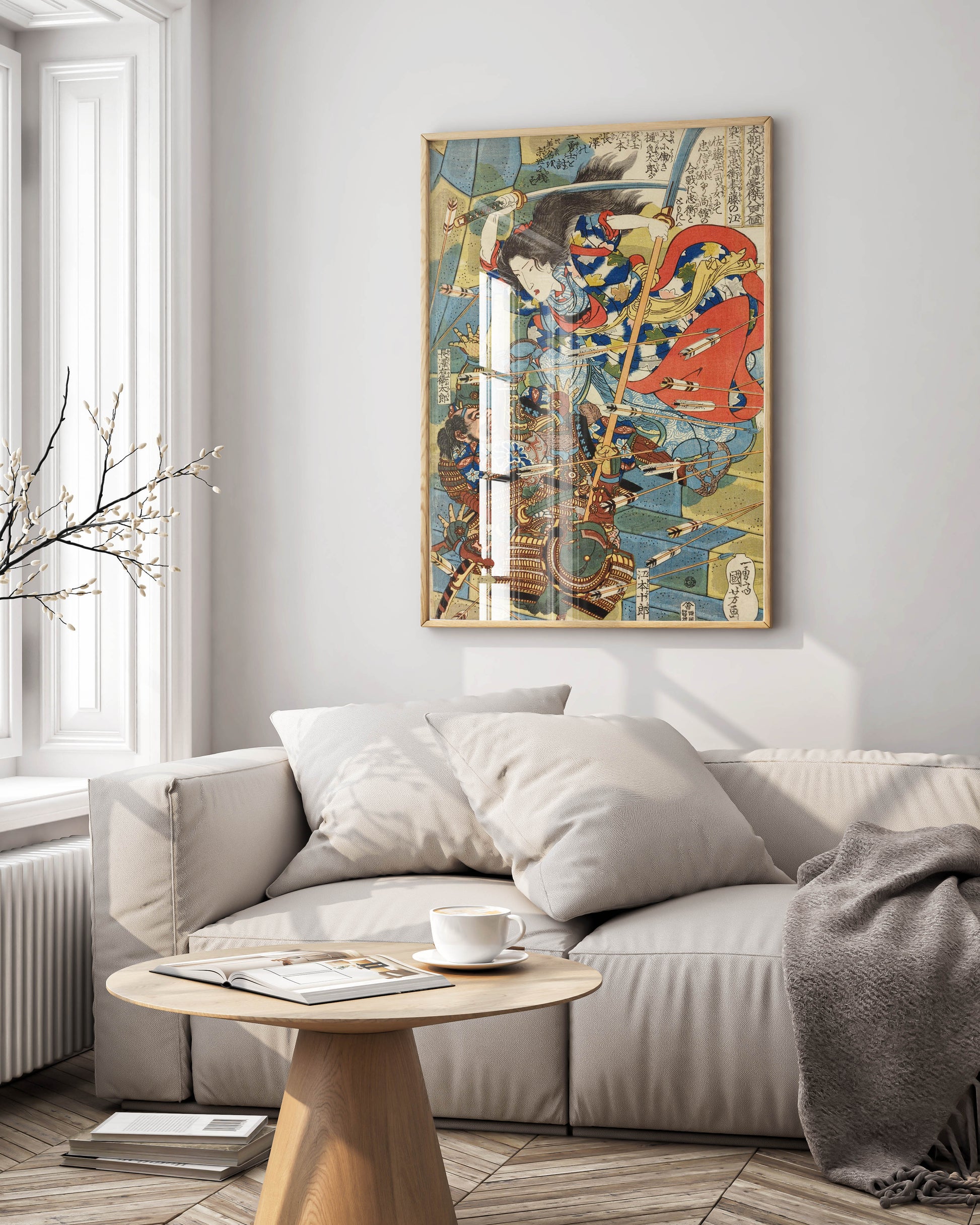 Framed Utagawa Kuniyoshi Fujinoe Japanese warrior print displayed as wall art in modern interior, showing female samurai battle scene in black wooden frame, perfect for home decor and gallery walls