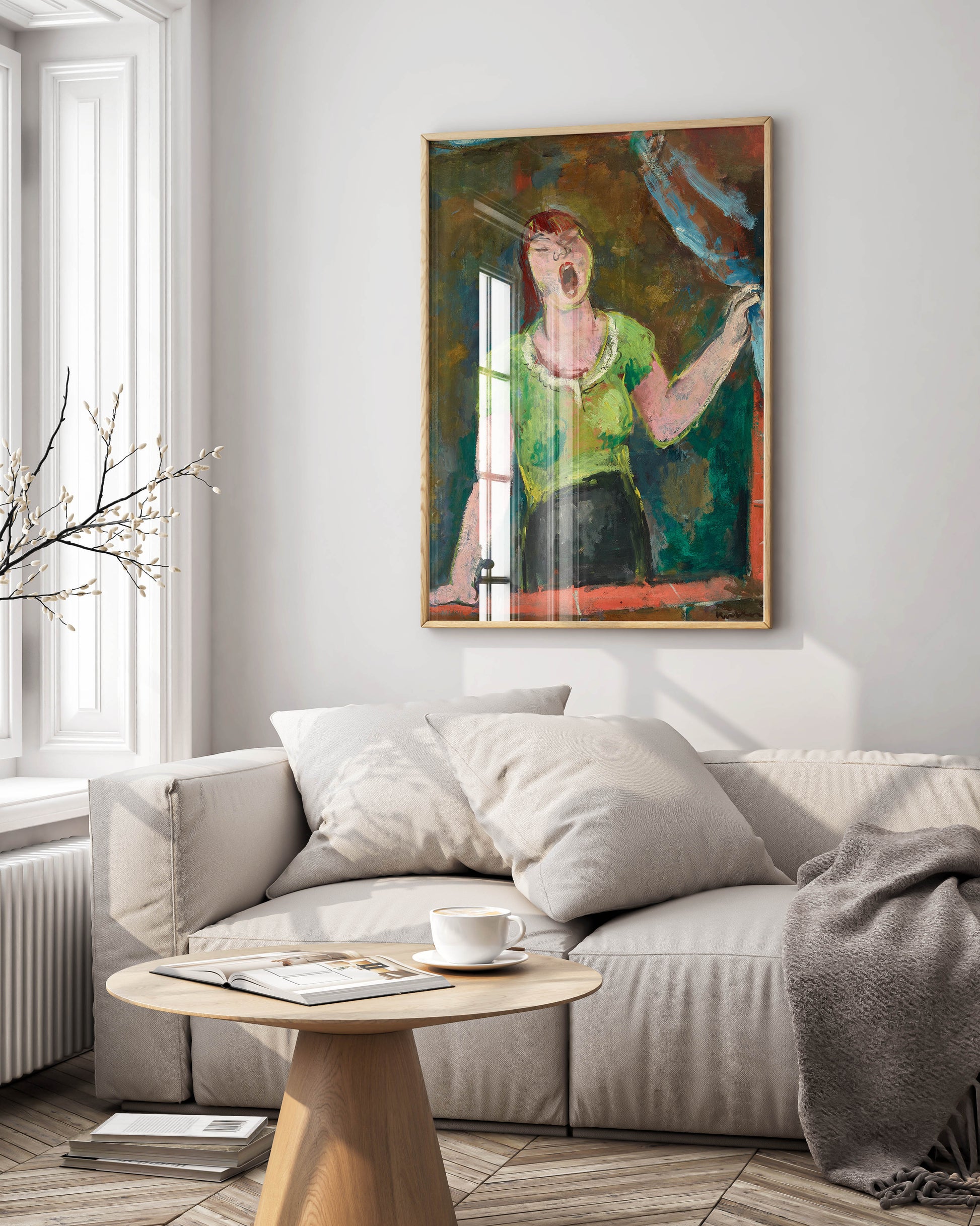 Joseph Kutter Yawning Woman framed art print displayed on living room wall - expressionist fine art reproduction in modern frame enhancing contemporary home decor and interior design