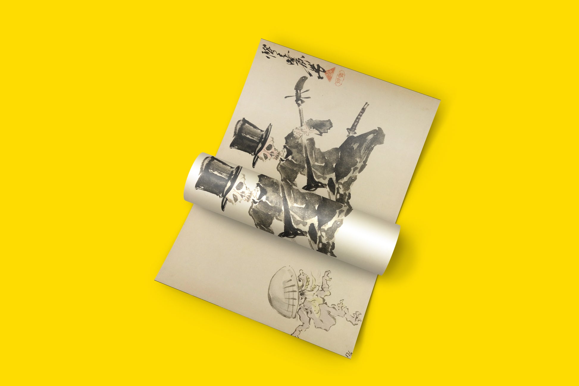 Edo period Japanese art print of skeleton shamisen player by Kawanabe Kyosai, museum-quality reproduction on FSC-certified paper for contemporary interiors