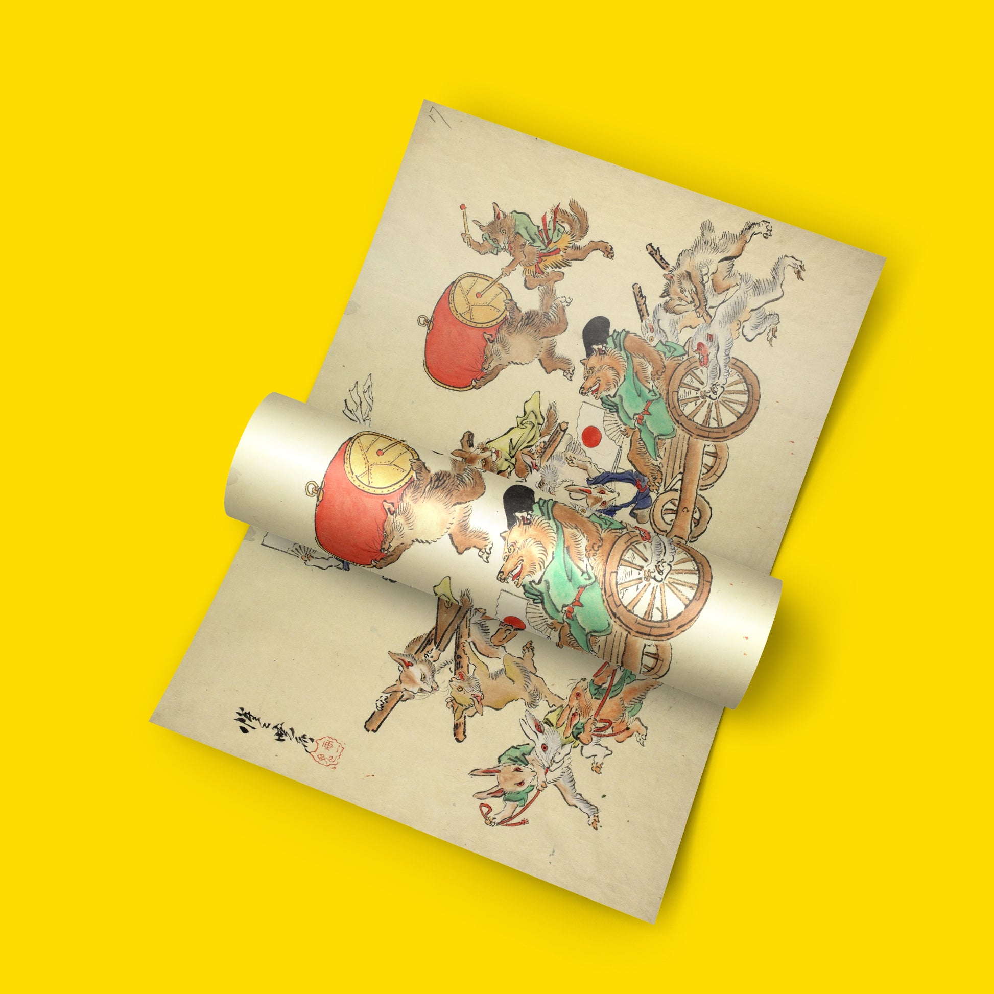 Giclée art print of Kawanabe Kyōsai's yōkai-inspired animal satire, 12-colour fine art printing