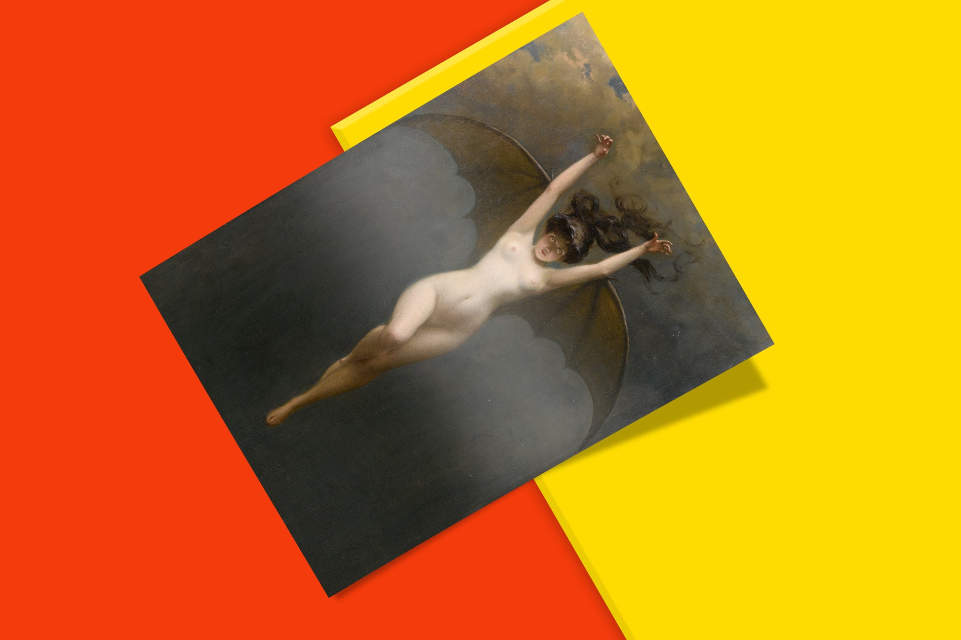 French symbolist fine art print, Albert Pénot femme fatale with bat wings, 19th century academic painting reproduction, museum-grade wall art for gothic interiors
