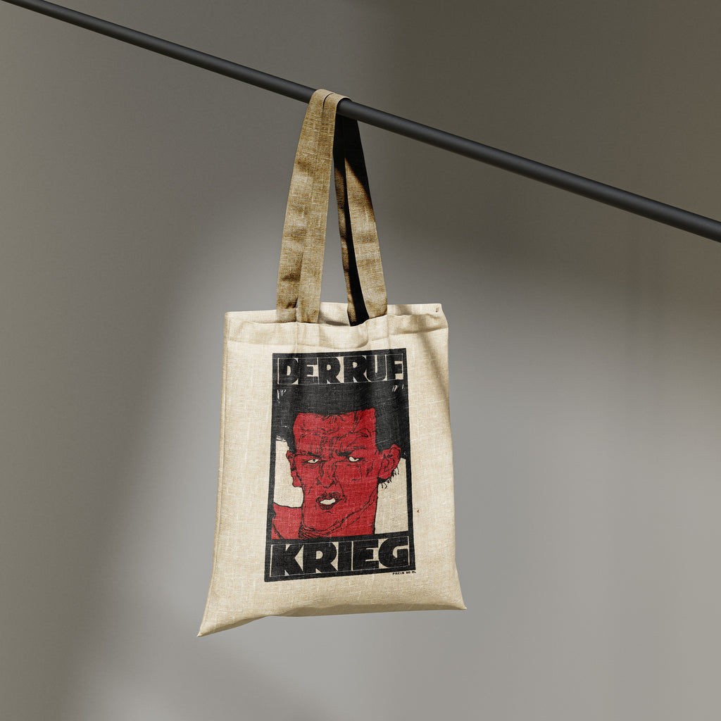 A stylish art tote bag with a crimson-red distorted portrait by Egon Schiele, perfect for museum trips and eco-conscious shopping in the UK.