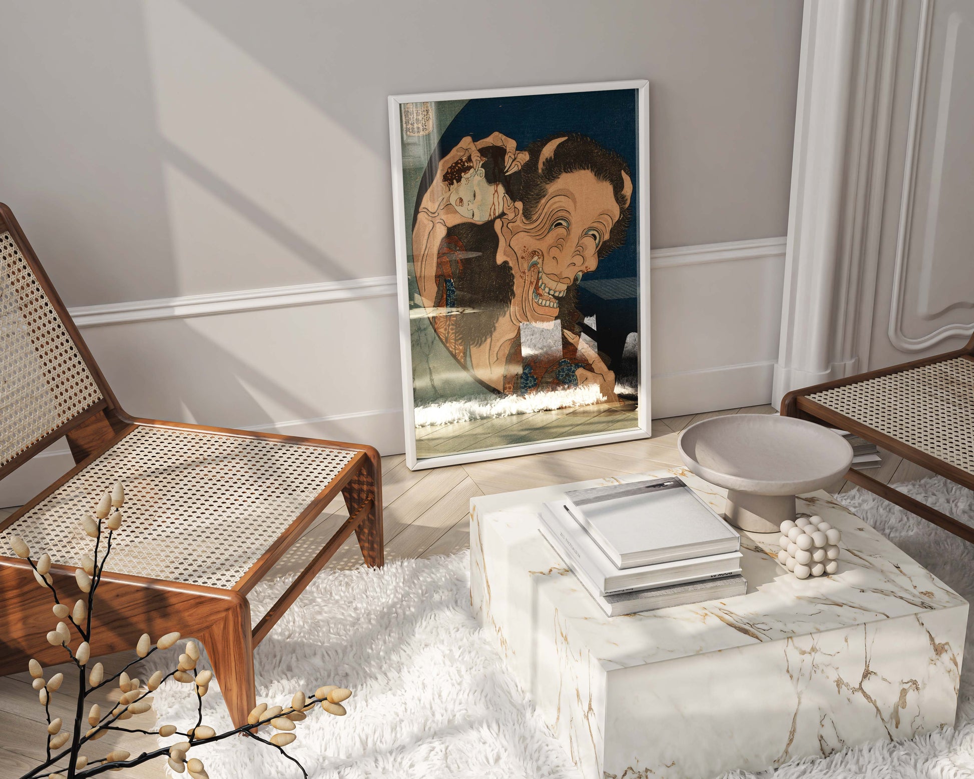 Framed art print of Hokusai’s The Laughing Hannya displayed in a modern luxury living room with minimalist decor.