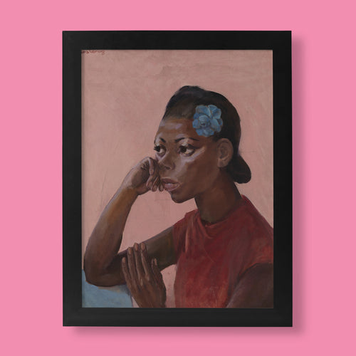 Laura Wheeler Waring Study of a Student fine art print featuring African American woman with blue flower in contemplative pose against pink background