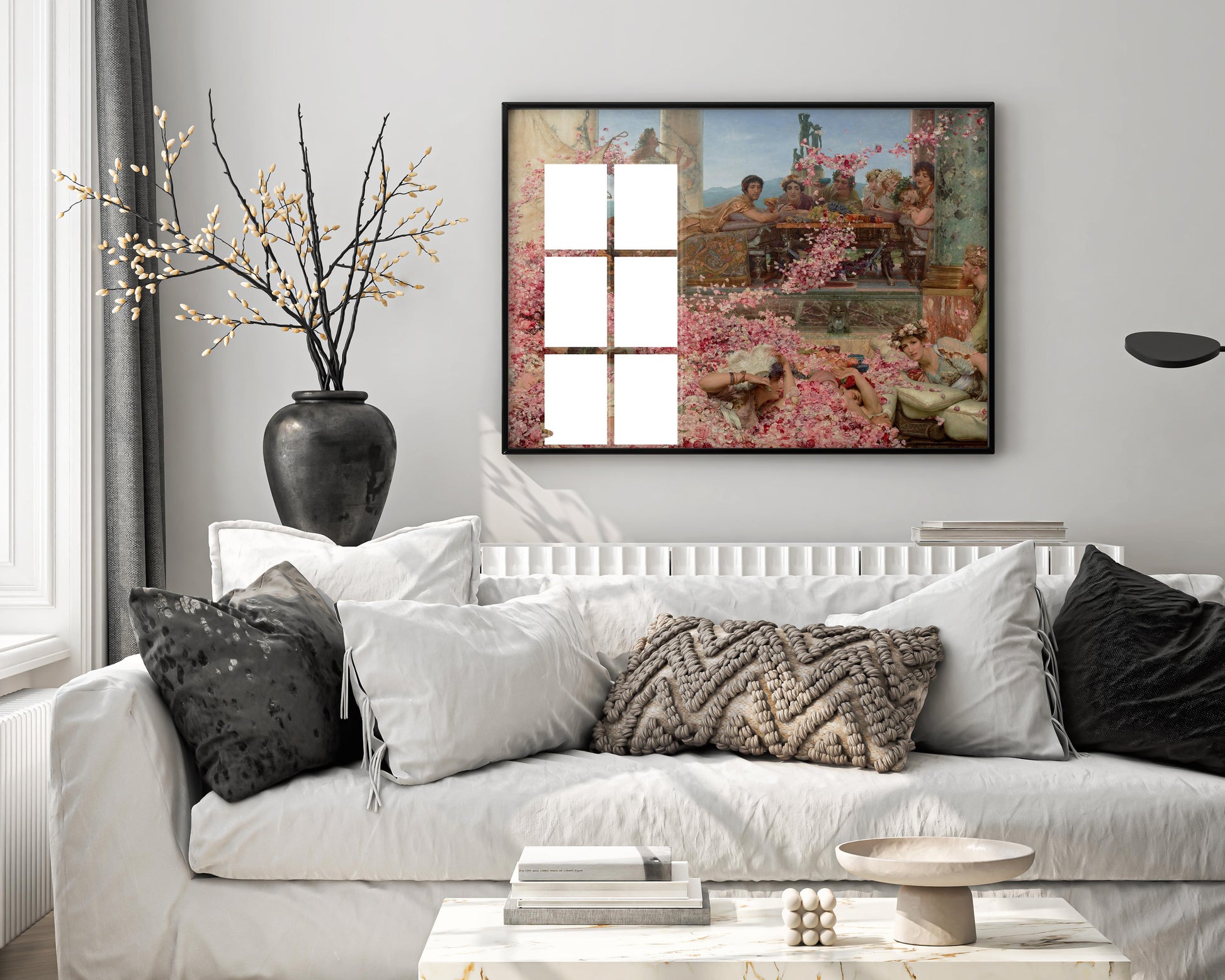 Lawrence Alma-Tadema The Roses of Heliogabalus framed art print displayed as elegant wall art - Victorian classical painting reproduction in modern home interior design