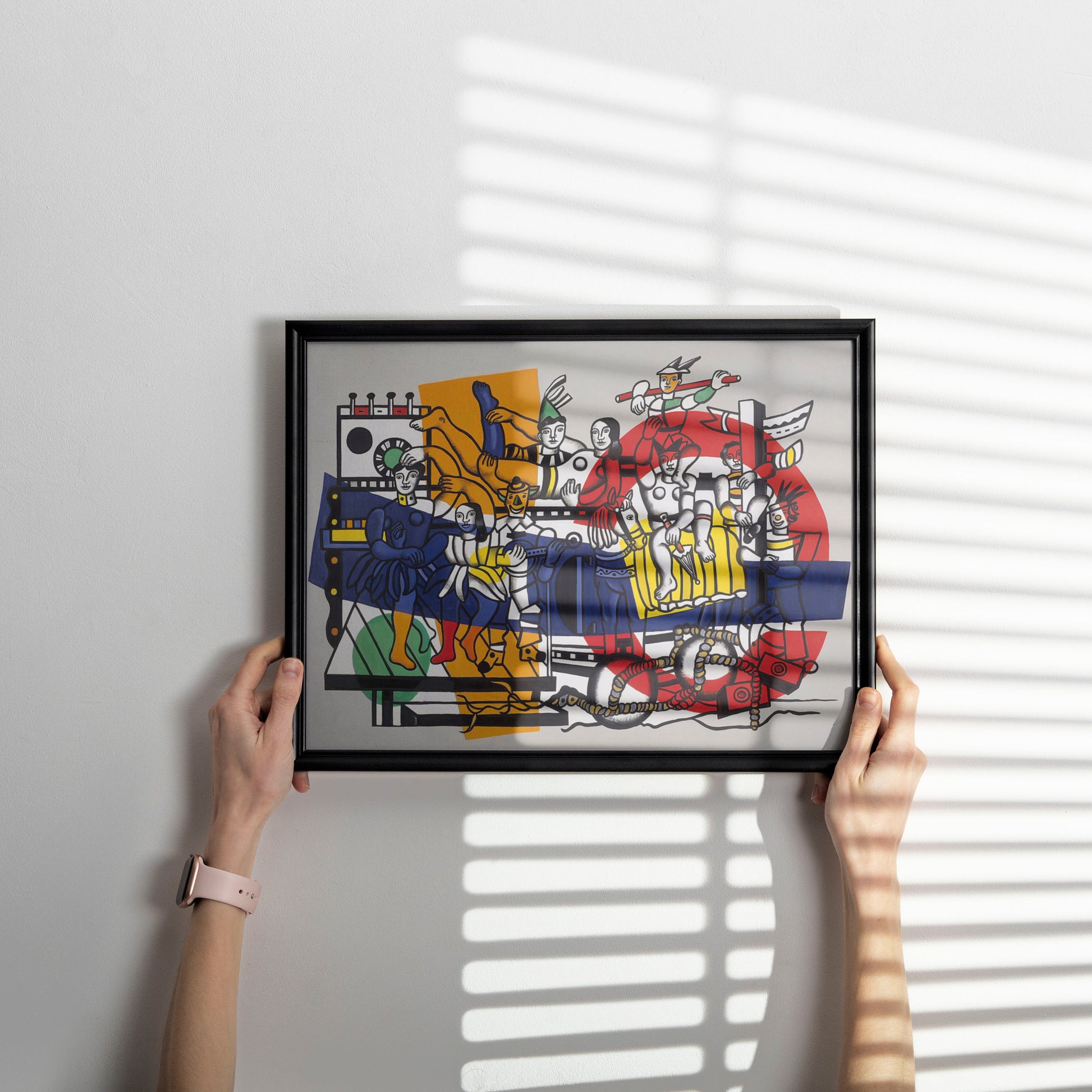 The Great Parade art print by Fernand Léger displayed as statement wall art in contemporary living room interior with minimalist furniture