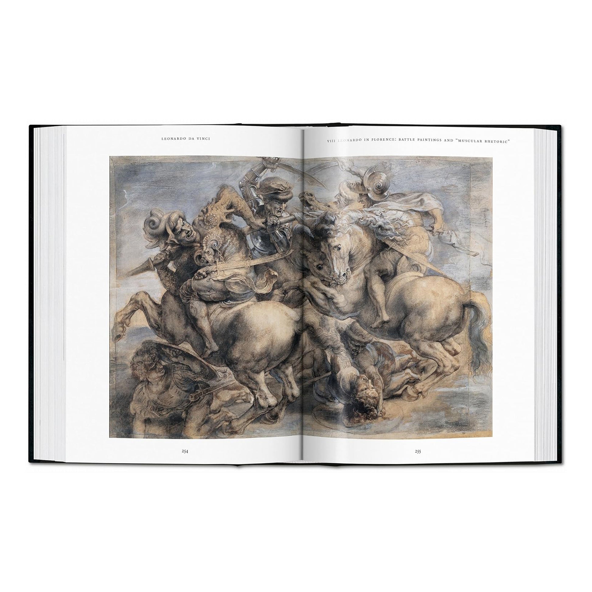 An immersive two-page spread showcasing Leonardo da Vinci's dynamic sketch for "The Battle of Anghiari" within the high-quality, hardcover art book.