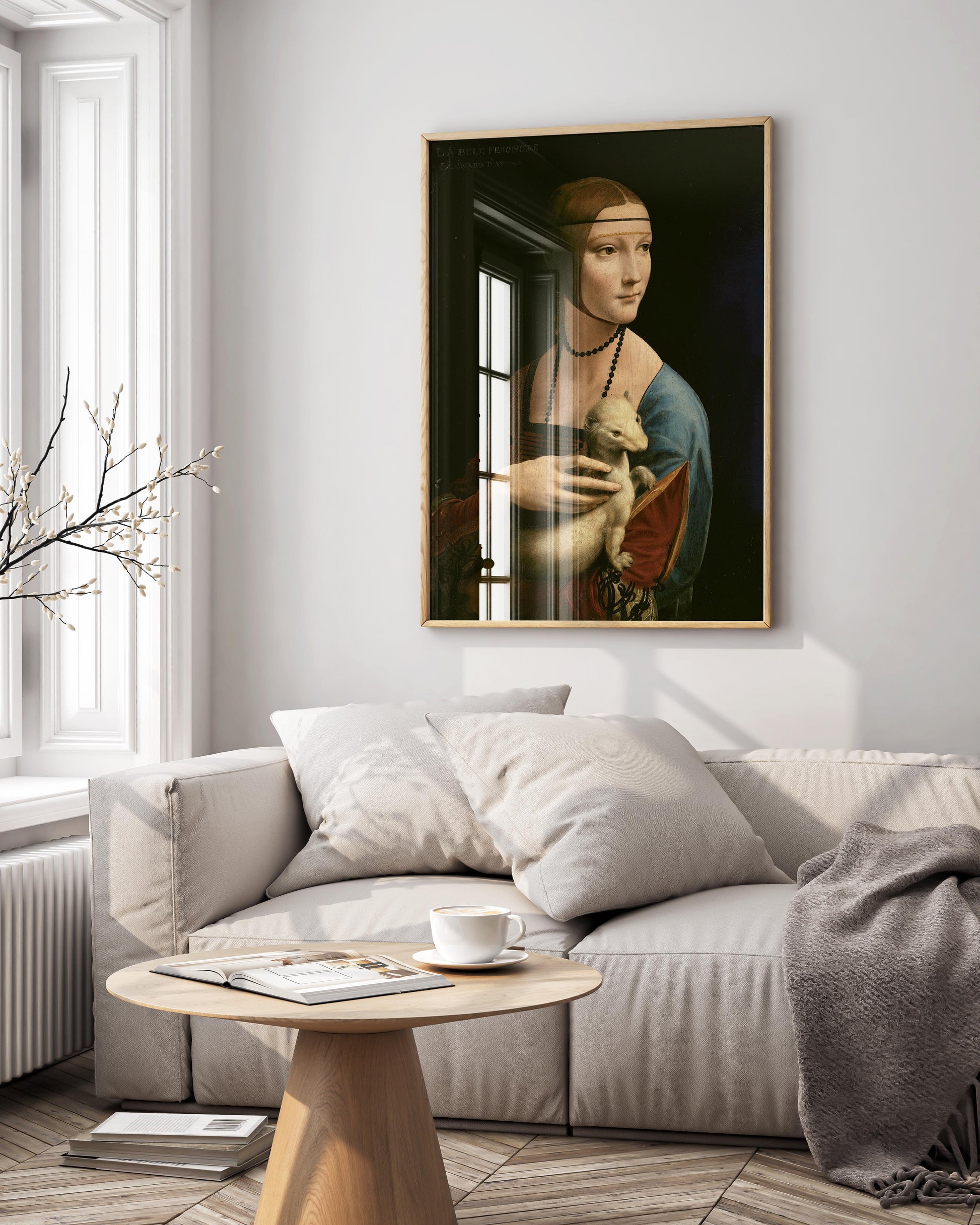 Framed Lady with an Ermine wall art, Leonardo da Vinci painting print in modern interior, museum quality framed Renaissance art for home gallery wall