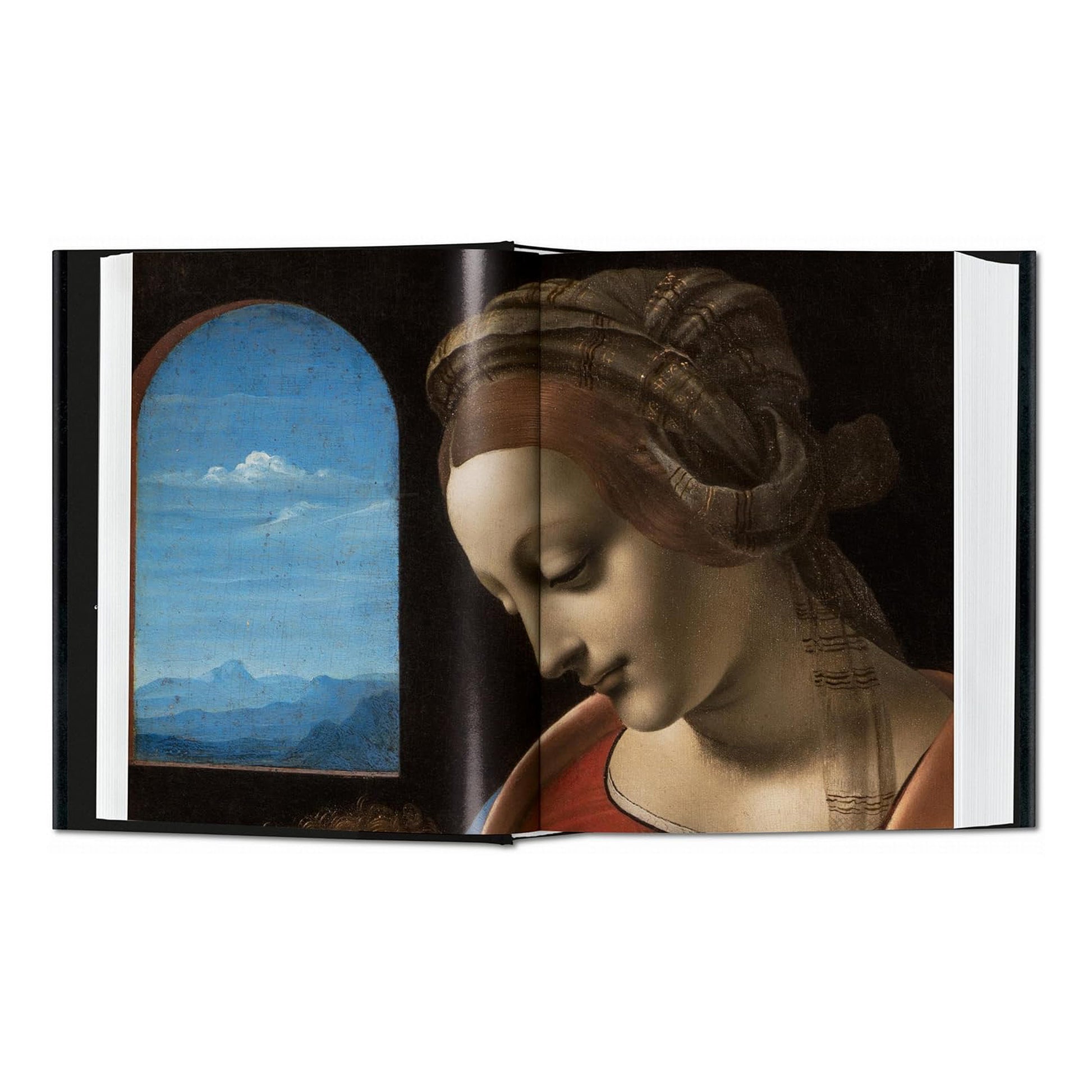 A close-up view of a Leonardo da Vinci Madonna painting, illustrating the meticulous craftsmanship captured in this collectable Taschen volume.