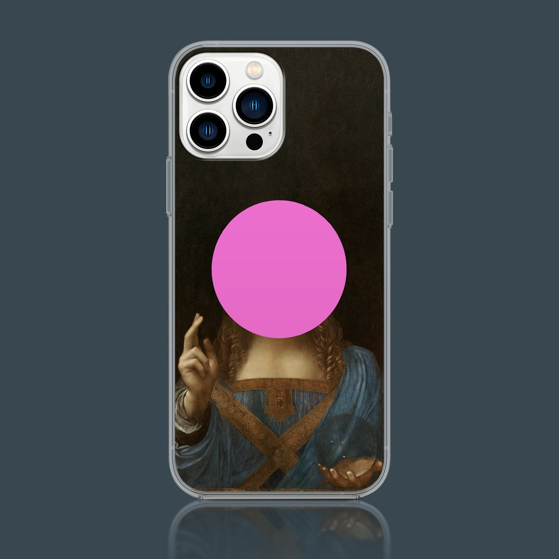 ARTSNOB phone case featuring a high-quality print of Leonardo da Vinci's Salvator Mundi, with a bold pink circle over the face, highlighting the fine art details of the Renaissance masterpiece.