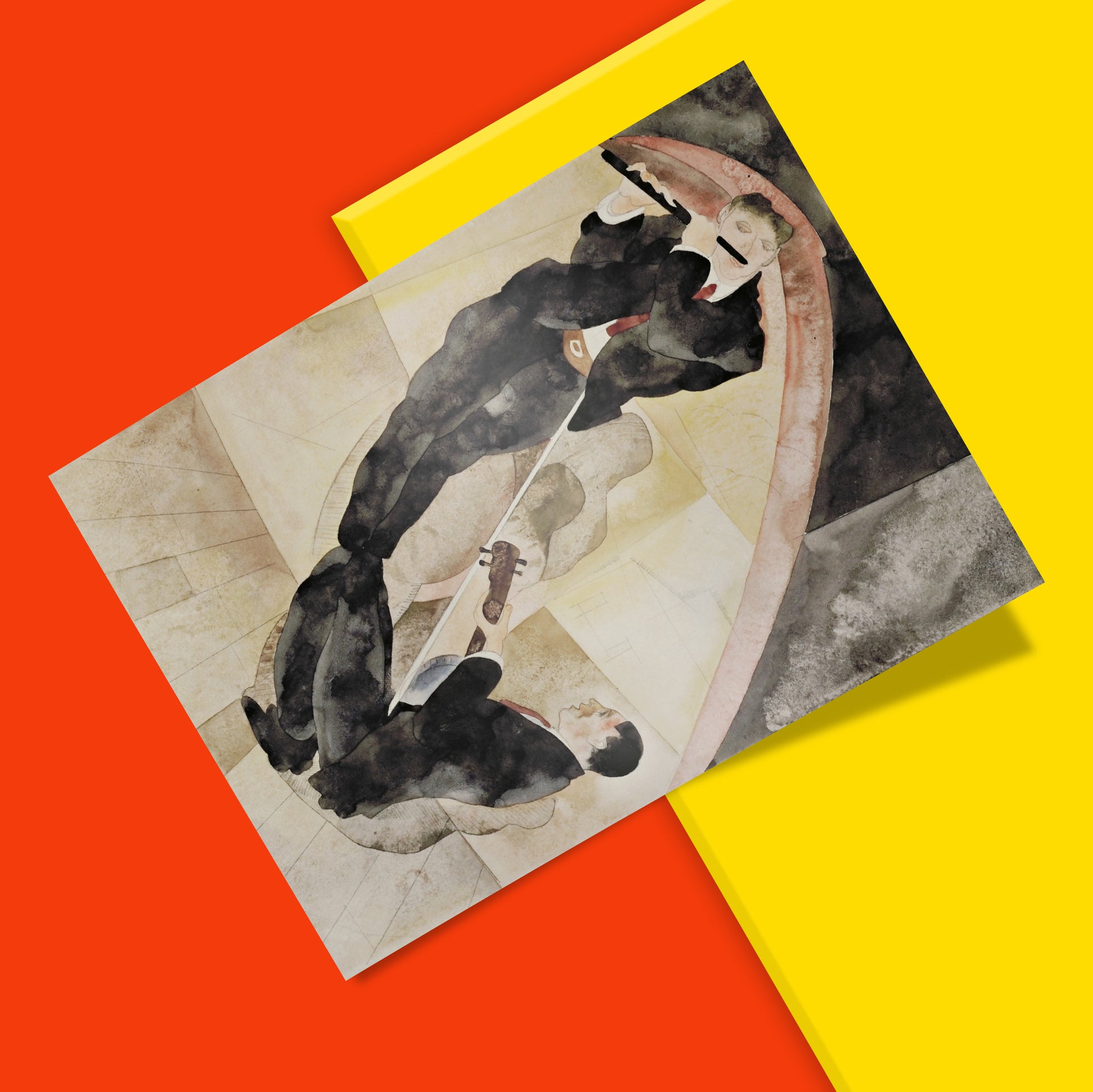 A detailed reproduction of Charles Demuth's Vaudeville Musicians painting, showing a vertical composition of a flutist in a black suit standing above a seated string instrument player.