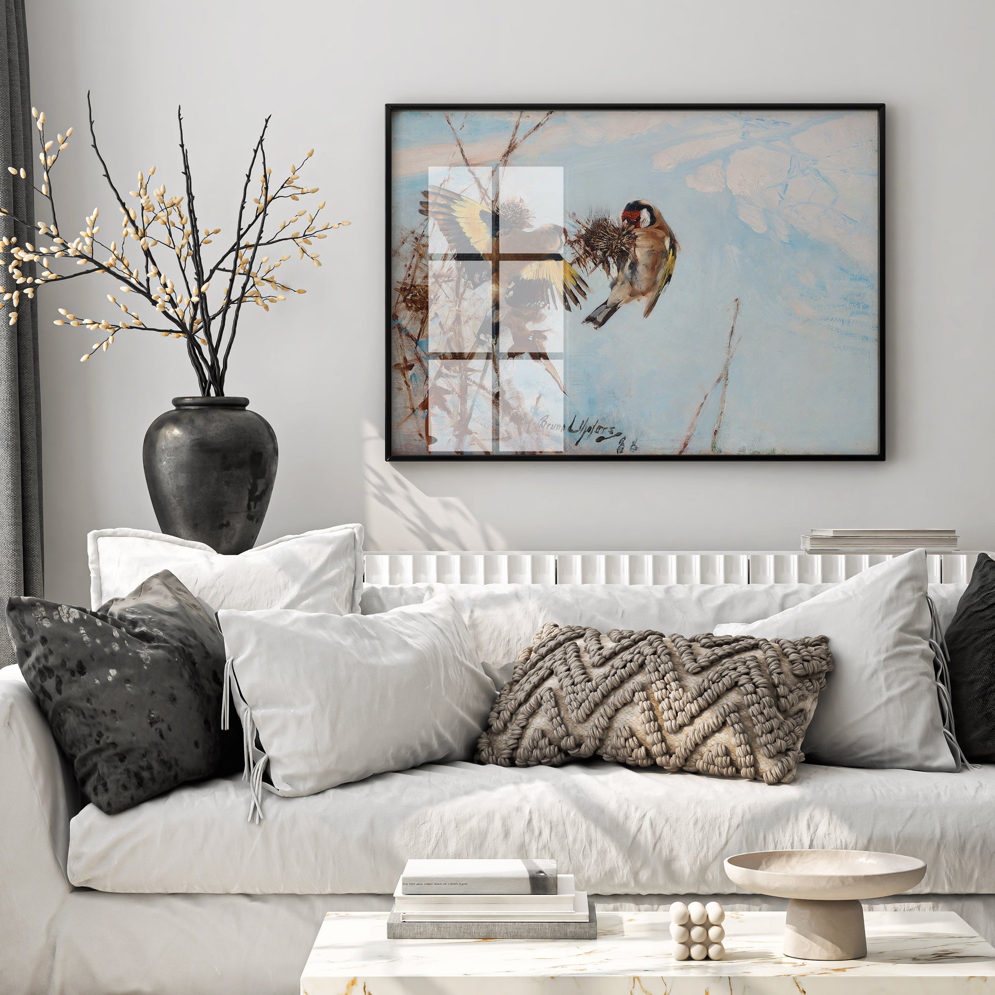 Bruno Liljefors Goldfinches print displayed in modern interior as elegant wall art, Swedish nature painting for home decor