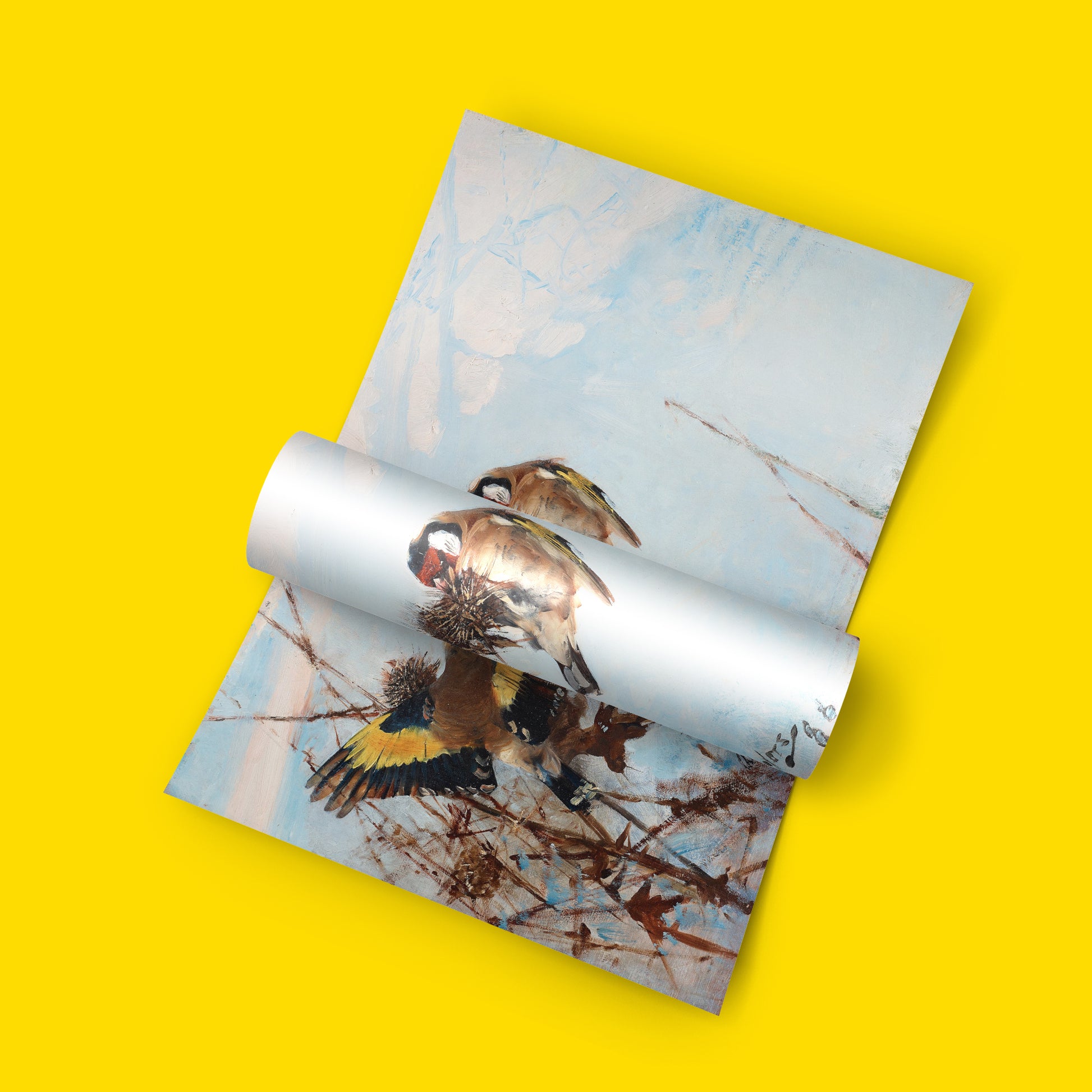 Bruno Liljefors signature detail on Goldfinches painting, authentic 1880s Swedish wildlife art print, collectible bird art reproduction