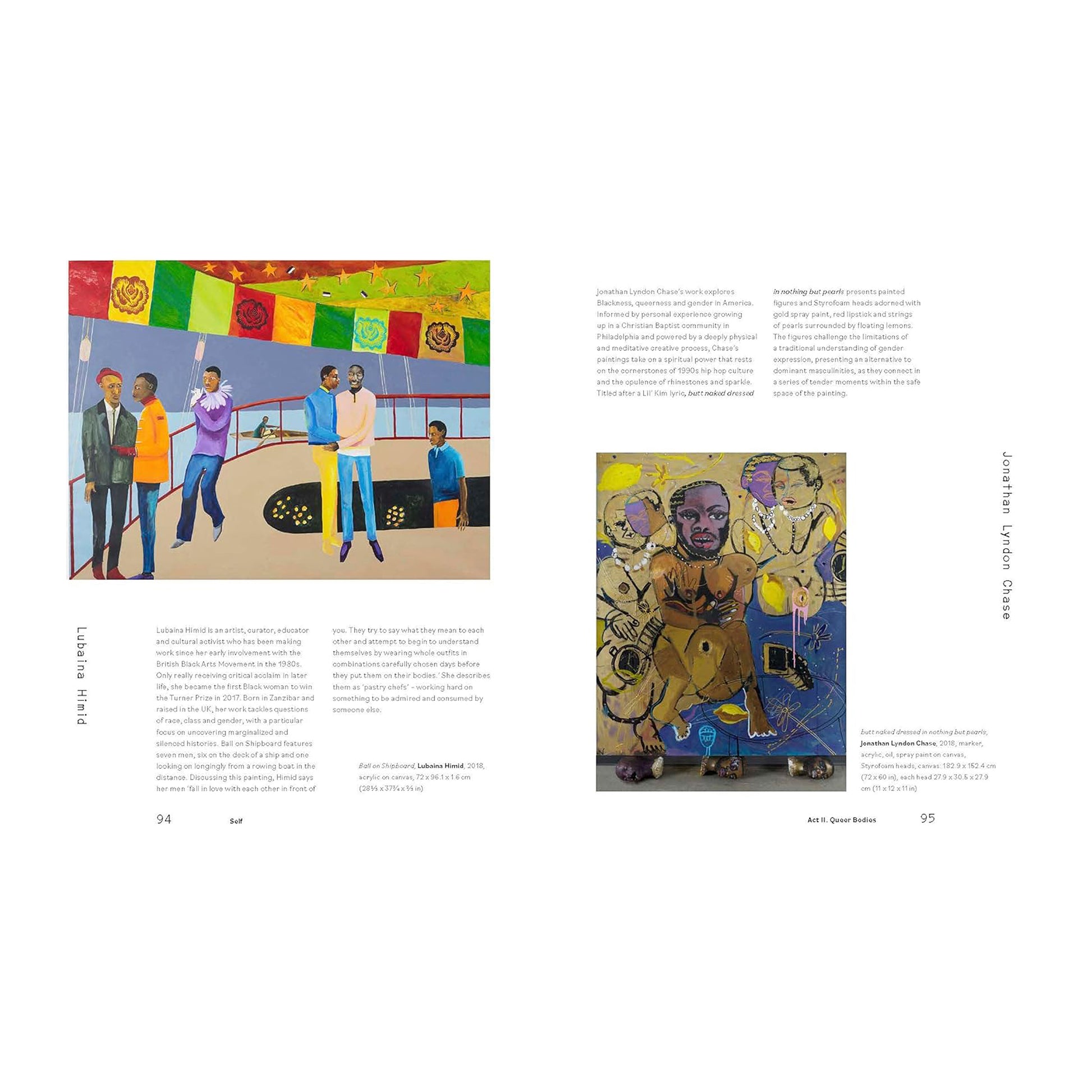 The coffee table book highlights contemporary painting with a spread of artworks by Lubaina Himid and Jonathan Lyndon Chase, celebrating diverse queer voices.
